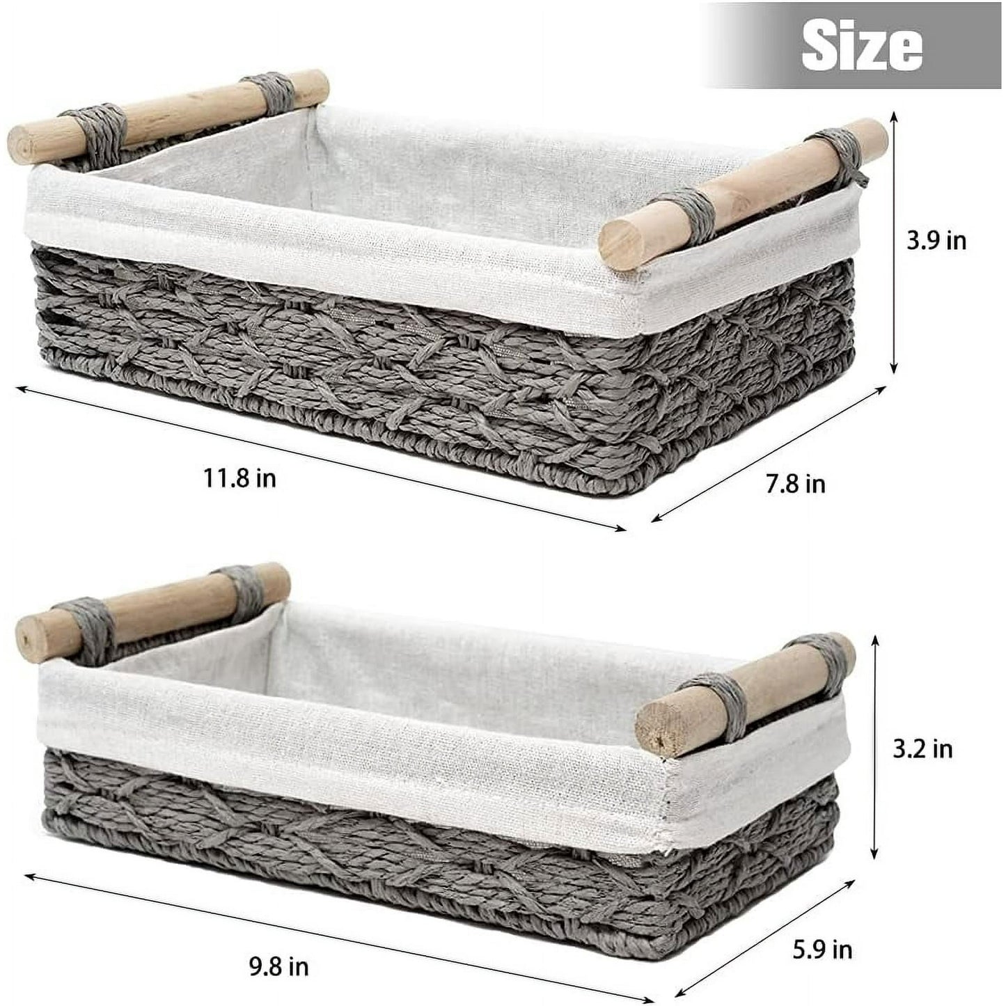 Round Paper Rope Storage Basket, Wicker Baskets for Organizing with Wooden Handles, Decorative Basket for Countertop, Bathroom Toilet Tank Basket, Small Baskets Set (Set of 2,Gray)