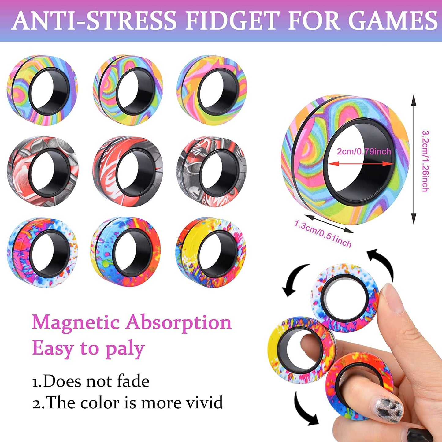 9Pcs Magnetic Rings Fidget Toy Set, Idea ADHD Fidget Toys for Adult, Fidget Magnets Spinner Rings for Anxiety Relief, Great Easter Gift for Adults Teens Kids