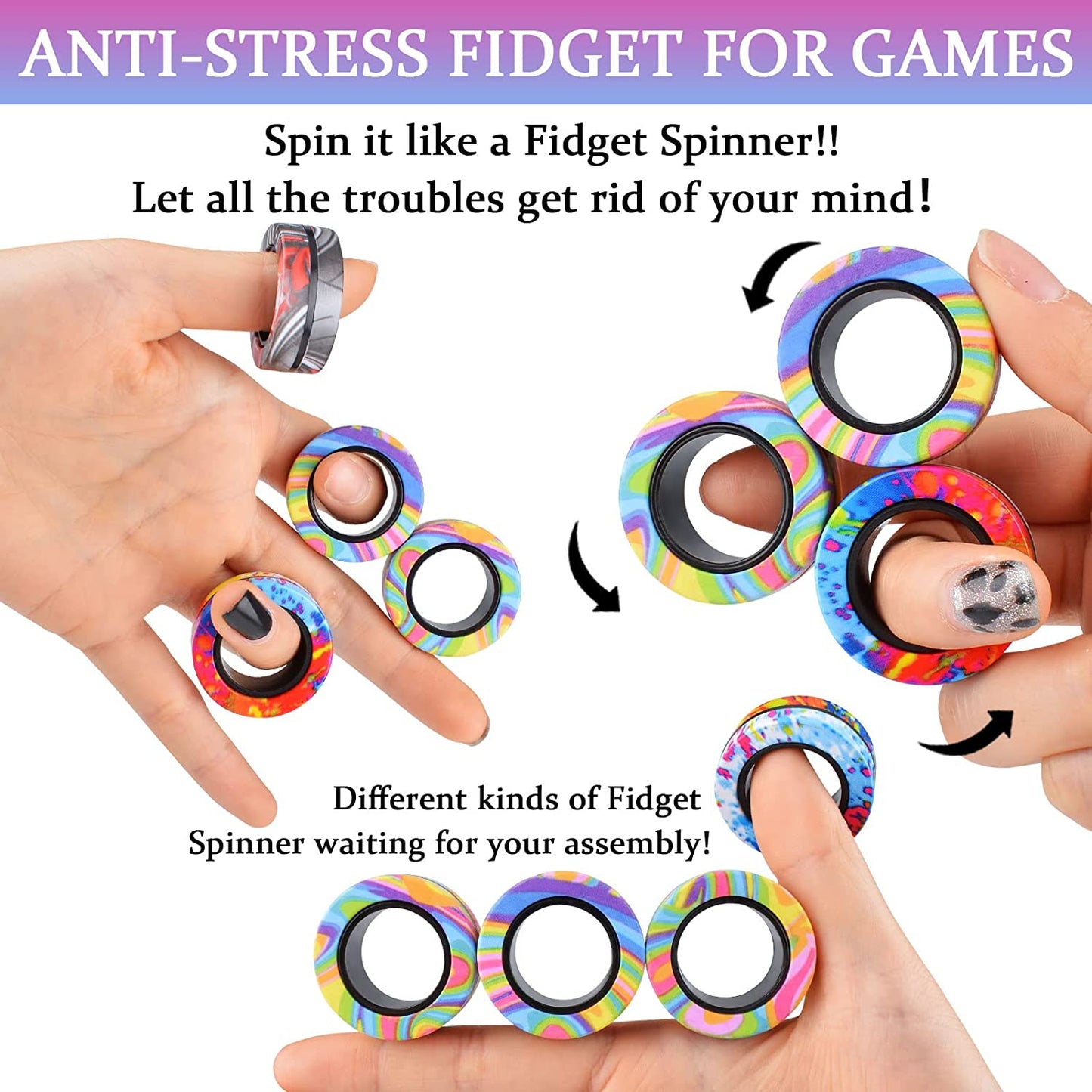 9Pcs Magnetic Rings Fidget Toy Set, Idea ADHD Fidget Toys for Adult, Fidget Magnets Spinner Rings for Anxiety Relief, Great Easter Gift for Adults Teens Kids