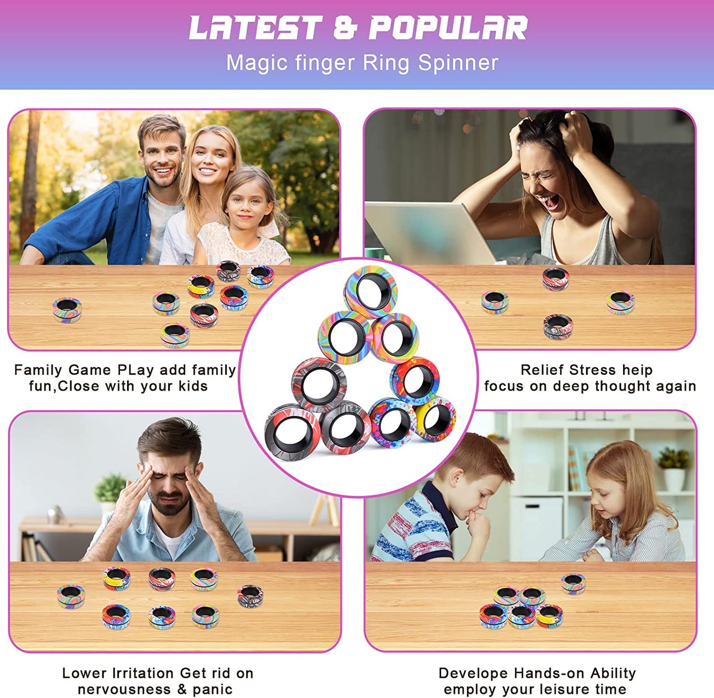 9Pcs Magnetic Rings Fidget Toy Set, Idea ADHD Fidget Toys for Adult, Fidget Magnets Spinner Rings for Anxiety Relief, Great Easter Gift for Adults Teens Kids