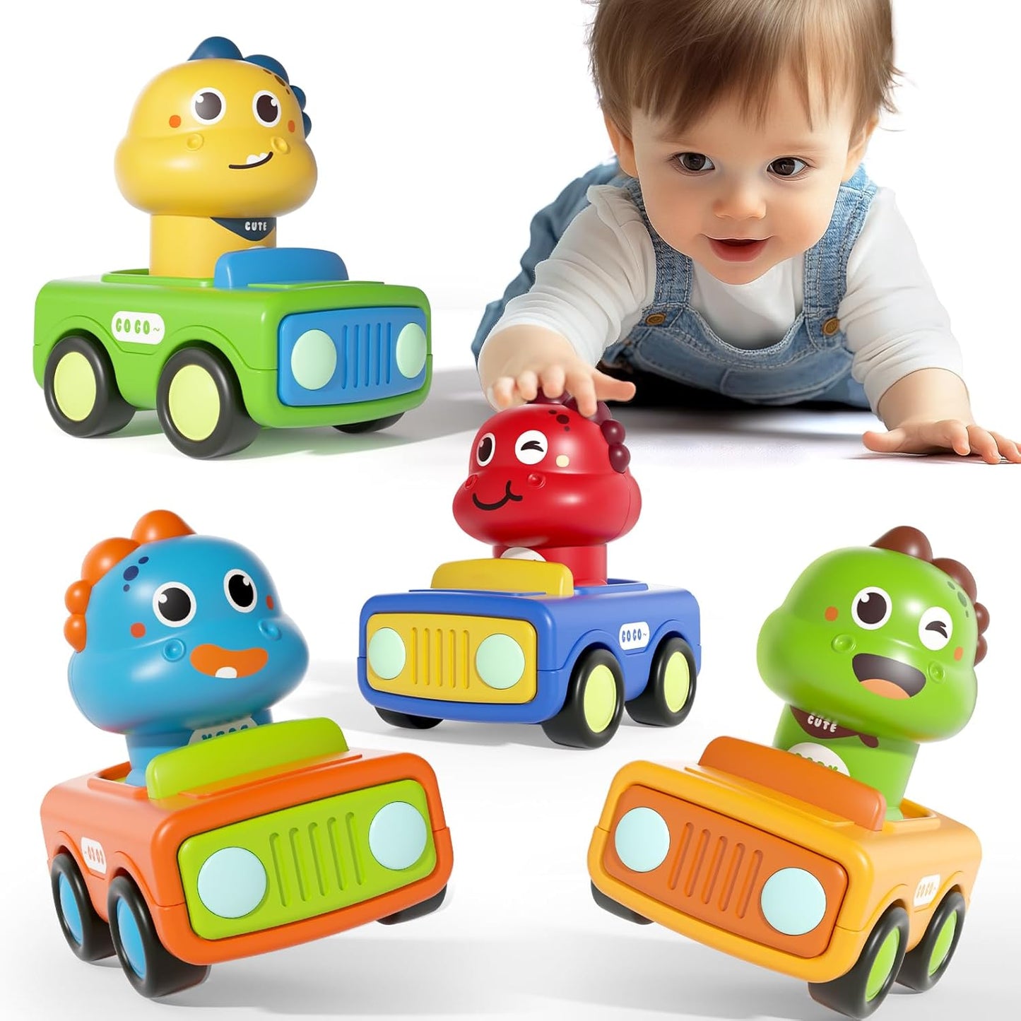Press Go Dinosaur Car Toys for Toddlers 1-3, Push-Go Friction Powered Infant Toys, Birthday Easter Gift for Boys 6-18 Months, ABS, 4 Count
