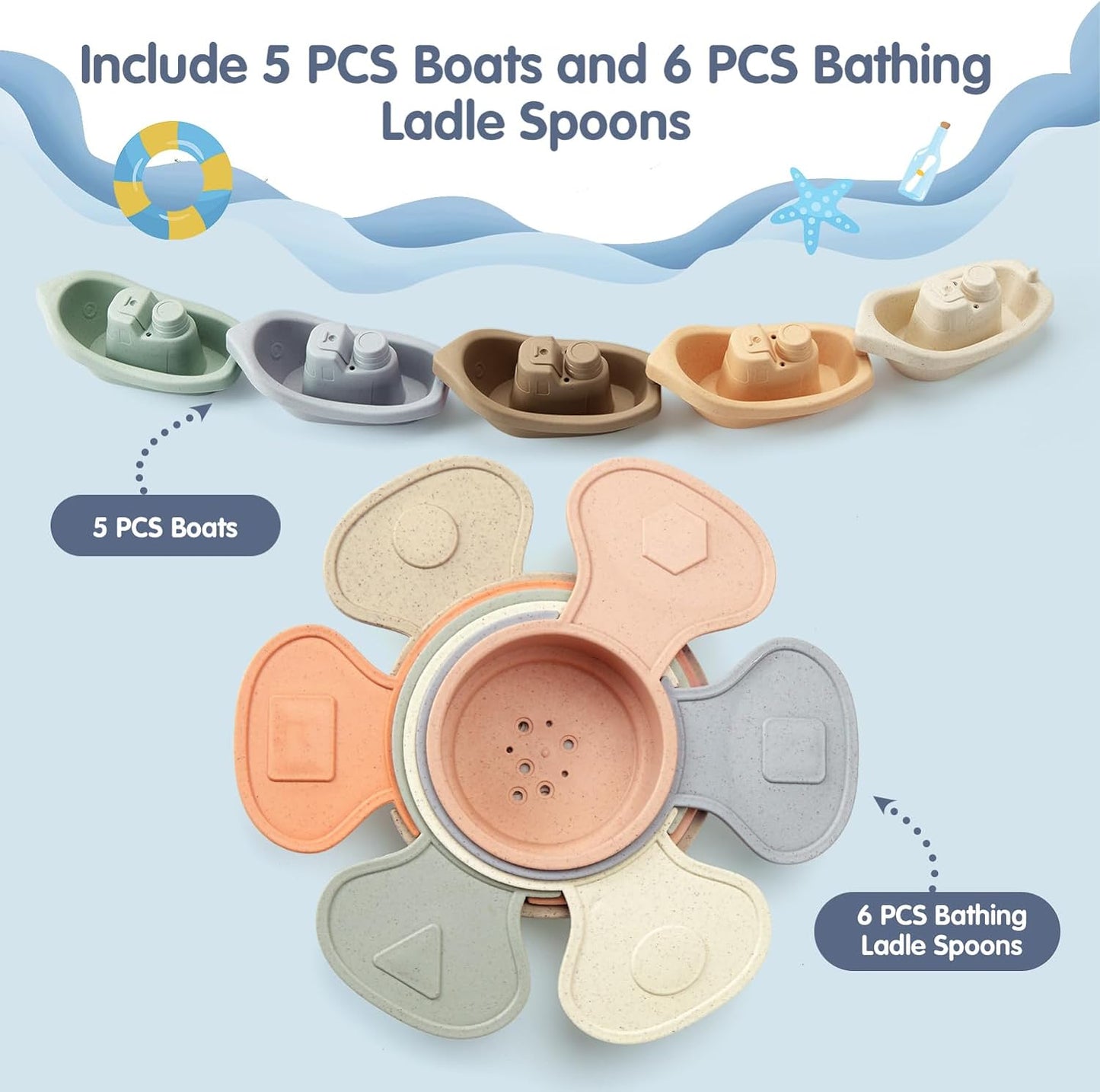 Bath Toys, Floating Boats Train with Bathing Spoon, 11 Pcs Baby Bathtub Toys for Toddler 1-3/Infants 6-12-18 Months,Water Table Toys Mold Free for Tub, Beach, Pool