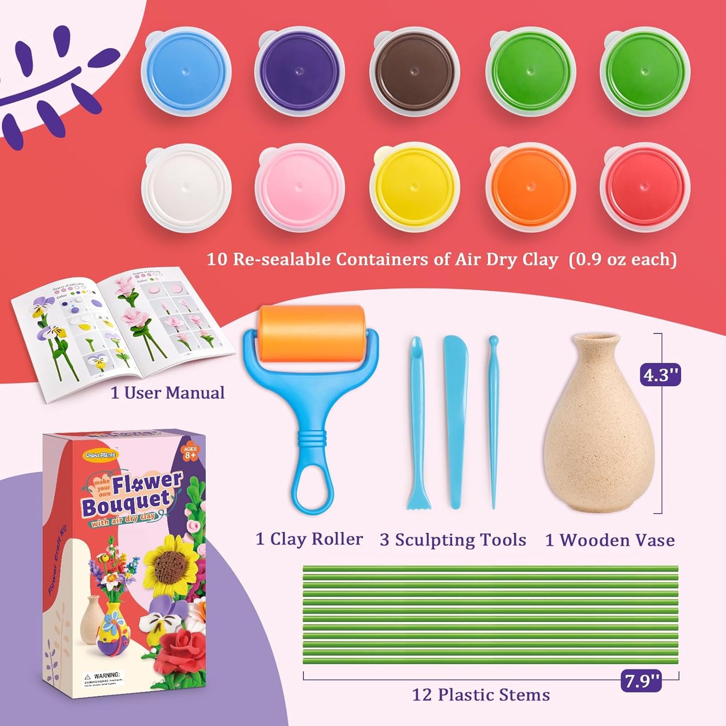 Kids Flower Craft Kit - Make Your Own Flower Bouquet with Air Dry Modeling Clay - Soft & Ultra Light Molding Clay - Arts and Crafts Gift for Girls Age 4-12