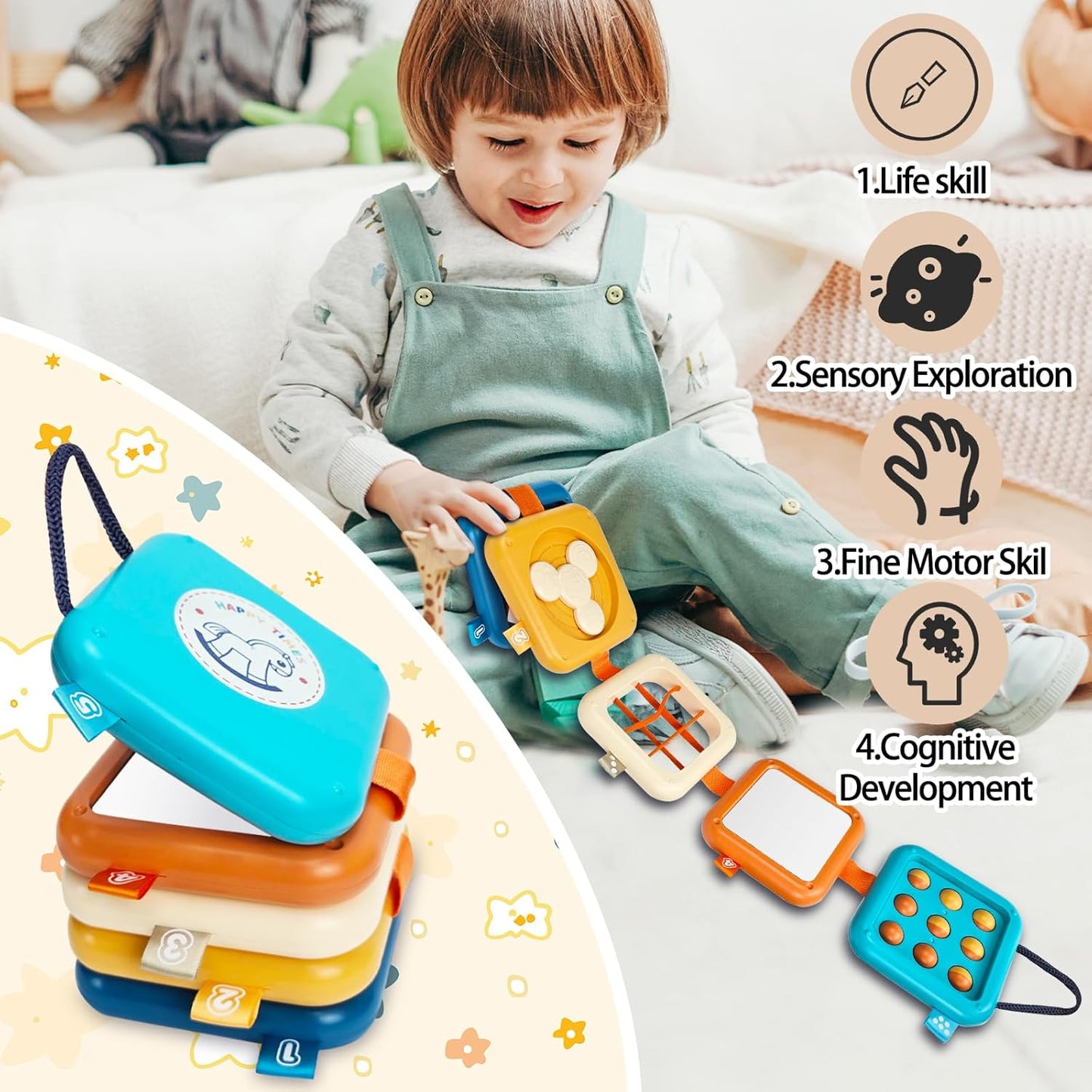 Busy Board for 1 Year Old, Montessori Toys for 1 2 Year Old Boy Girl Birthday Gifts, 8 in1 Travel Sensory Toys for Toddlers 1-3 Fine Motor Learning Baby Toy 12-18 Months, Toddler Stocking Stuffers