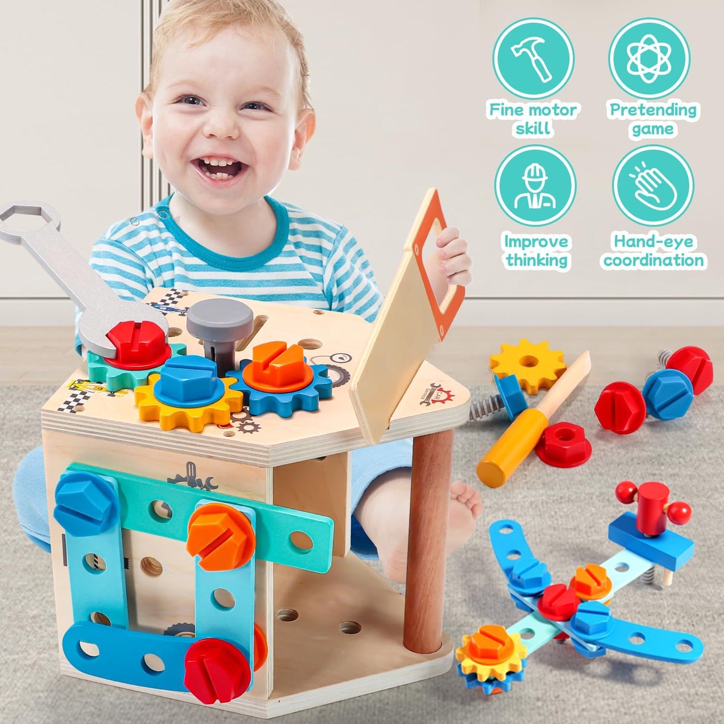 Kids Tool Set, 33 Pcs Wooden Toddler Tools with Box / Bench / Tool House for 2 Year Old Boy, Montessori Educational Pretend Play Construction Toys for Age 2-5 Birthday Gift