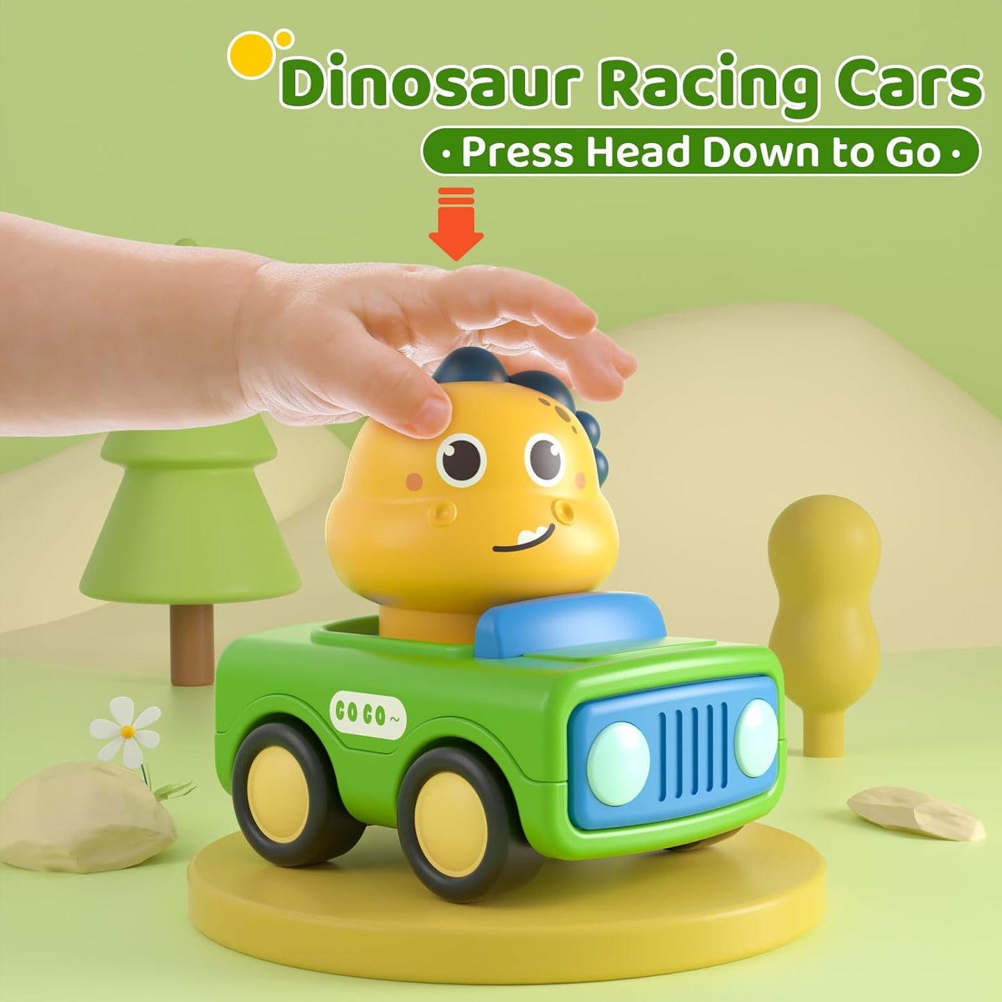 Press Go Dinosaur Car Toys for Toddlers 1-3, Push-Go Friction Powered Infant Toys, Birthday Easter Gift for Boys 6-18 Months, ABS, 4 Count