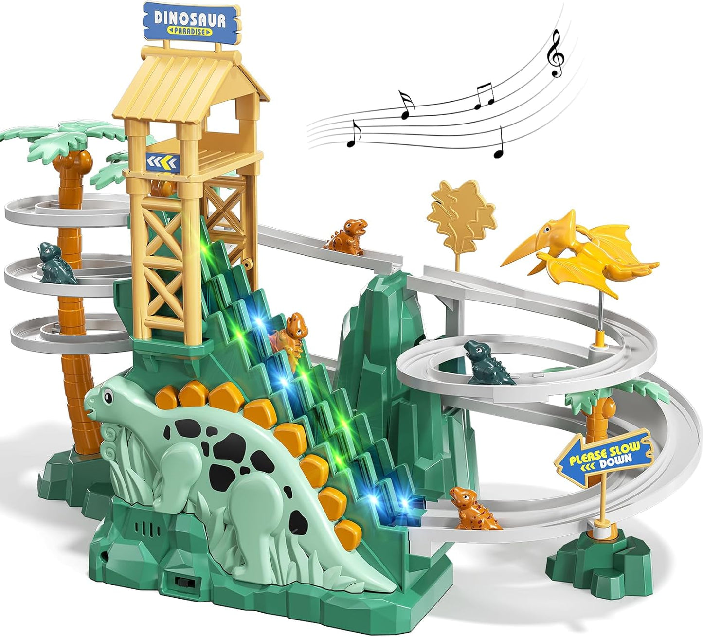 Dinosaur Climbing Slide Stair Toy for Toddlers Boys Aged 3 4 5 6 7 8 - Dinosaur Racing Track Set with Light and Music, Birthday Gifts for Kids Boys 3- 8 years