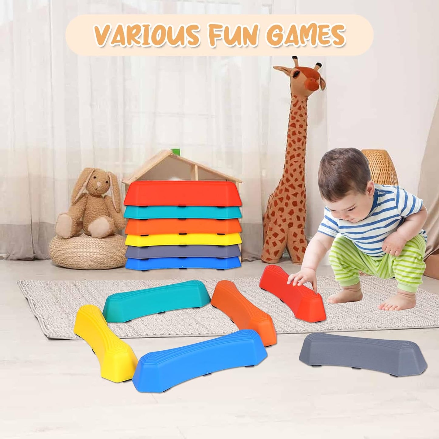 Stepping Stones for Kids,12Pcs Non-Slip Plastic Balance Beam for Promoting Toddler's Coordination Skills,Indoor or Outdoor Obstacle Course Game Sensory Play Toys Ages 3-8 Years and up