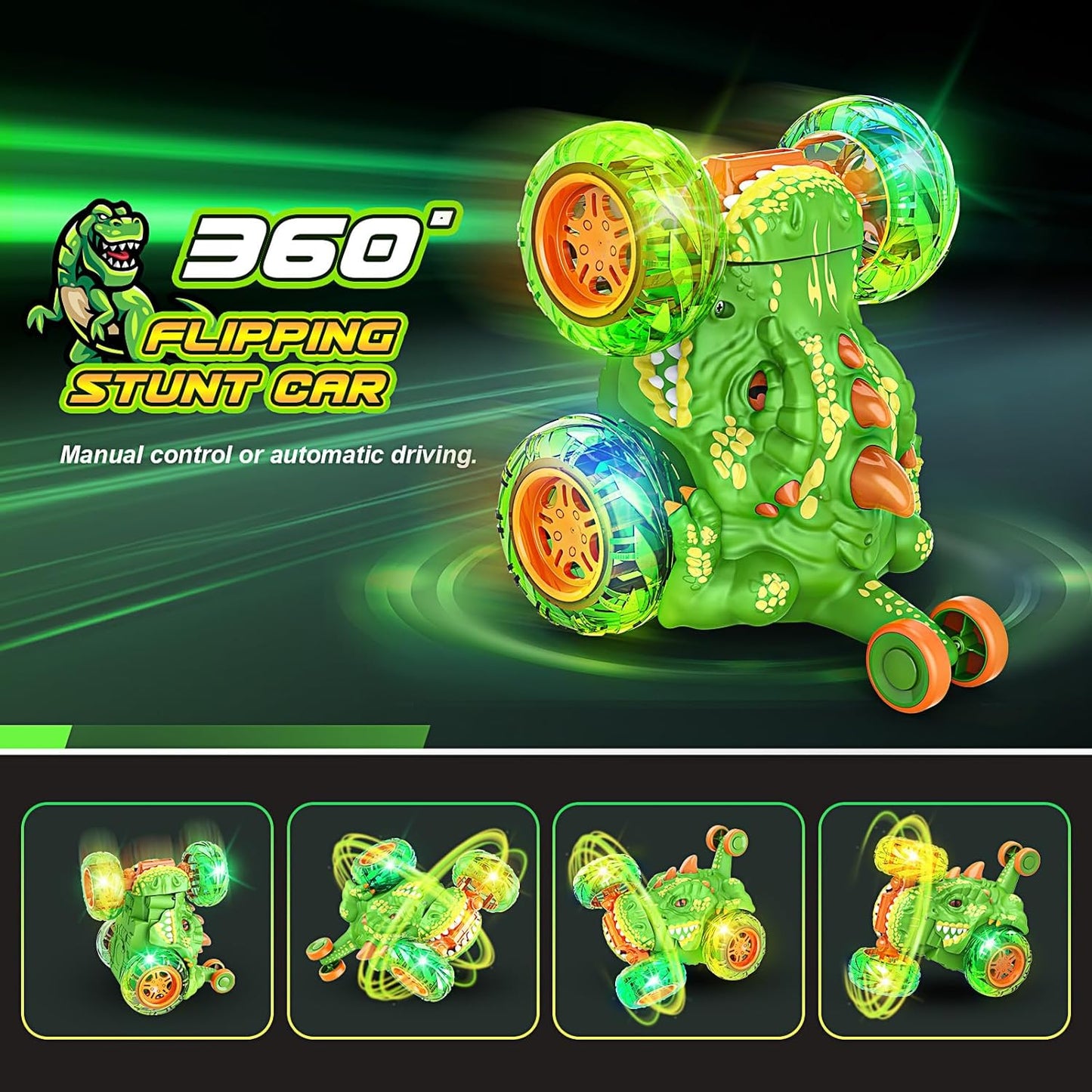 Dinosaur Stunt RC Car, Cool Rechargeable Remote Control Car with 360 Flips 4WD Wheel Lights for Boys Birthday Chritmas Gifts