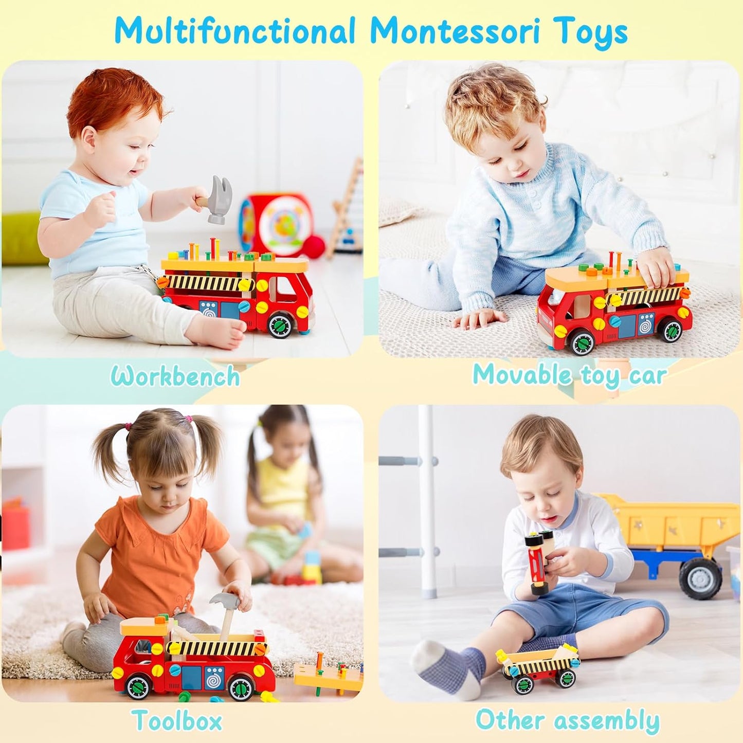 Kids Tool Set for Boys, Wooden Toddler Tool Bench Montessori Toys for 2+Year Old, 62 Pcs Construction Educational Pretend Play for Age 2-5 Birthday Gift