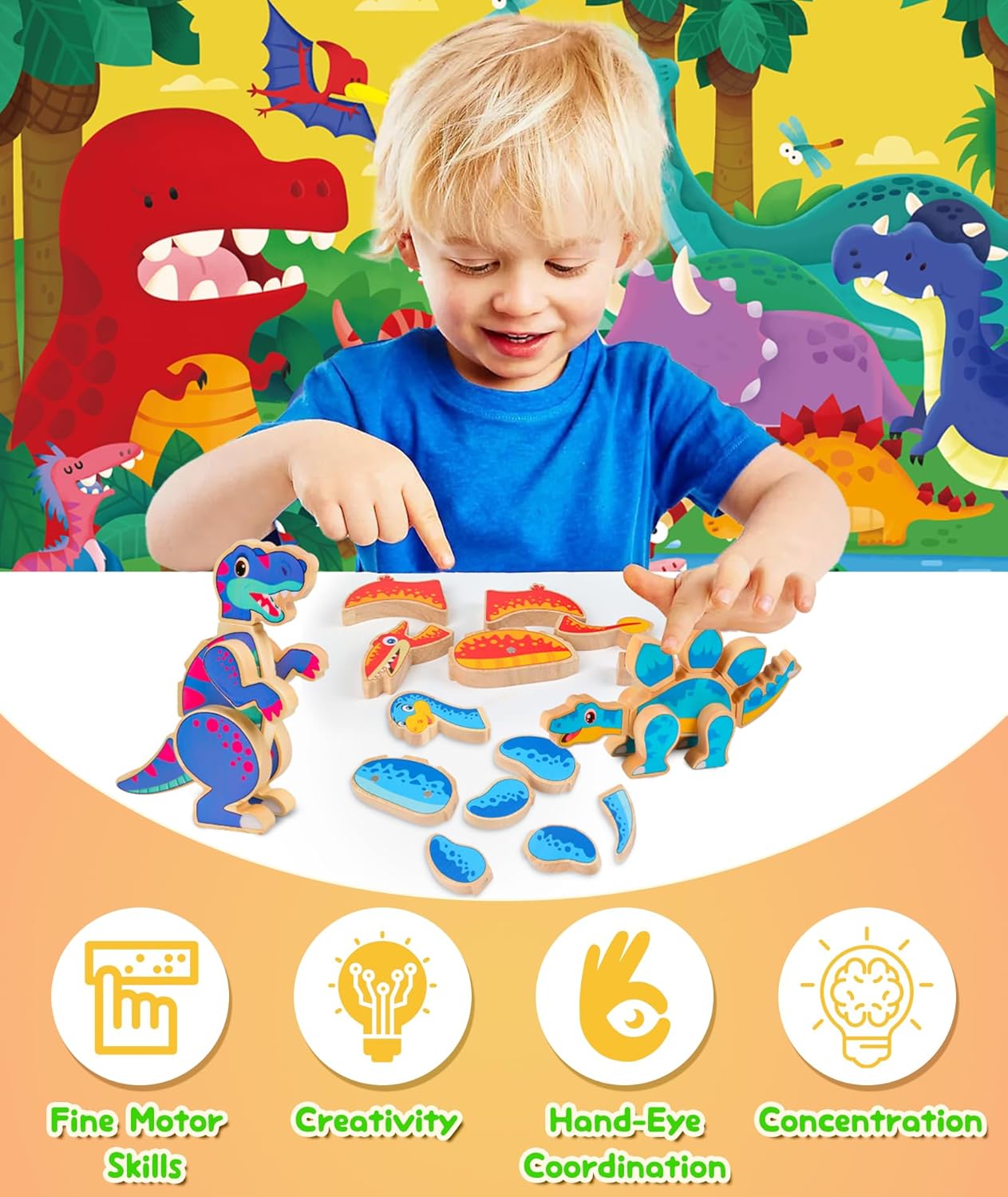 Toddler Dinosaur Magnetic Building Toys, Wooden Take Apart Dinosaur Playset, STEM Montessori Educational Fine Motor Skill Toy Gift for 3 4 5 Years Old Kids