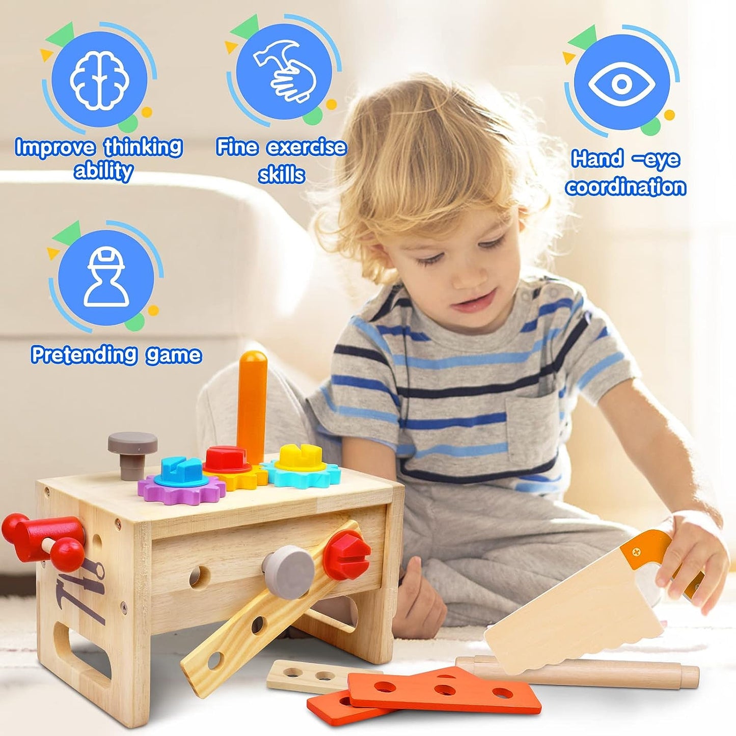 Kids Tool Set for Boys - 29 Pcs Wooden Toddler Tool with Box, Montessori Stem Educational Pretend Play Construction Toy Birthday Gift for Boys Age 2-6