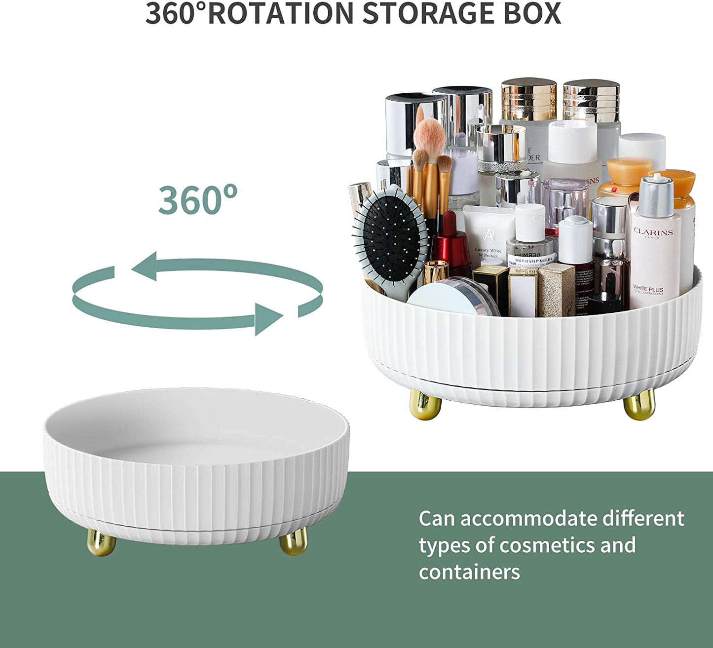 360° Rotating Makeup Organizer - Large White Cosmetic Storage with Perfume Tray for Dresser & Bathroom | Spacious Vanity Organizer for Jewelry & Skincare Essentials