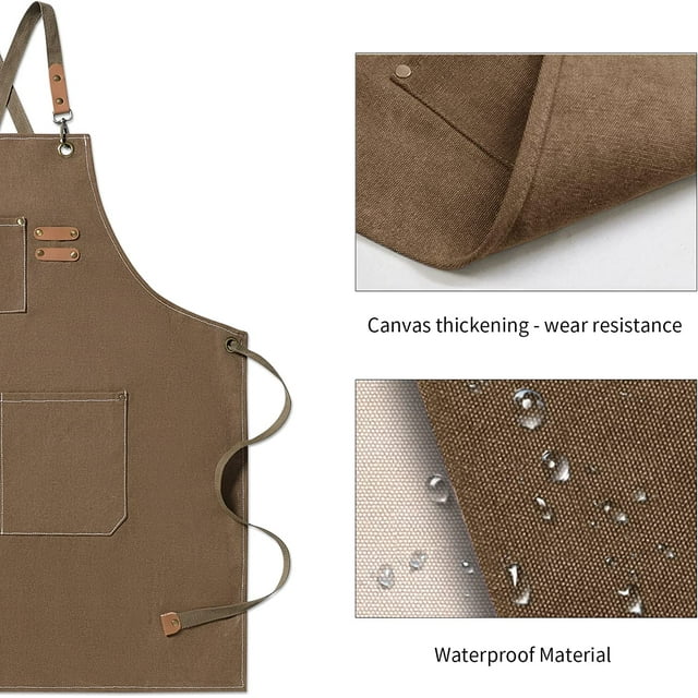 Chef Apron for Men and Women with Large Pockets, Canvas Cross Back Cotton Work Aprons,Size M to XXL, Brown