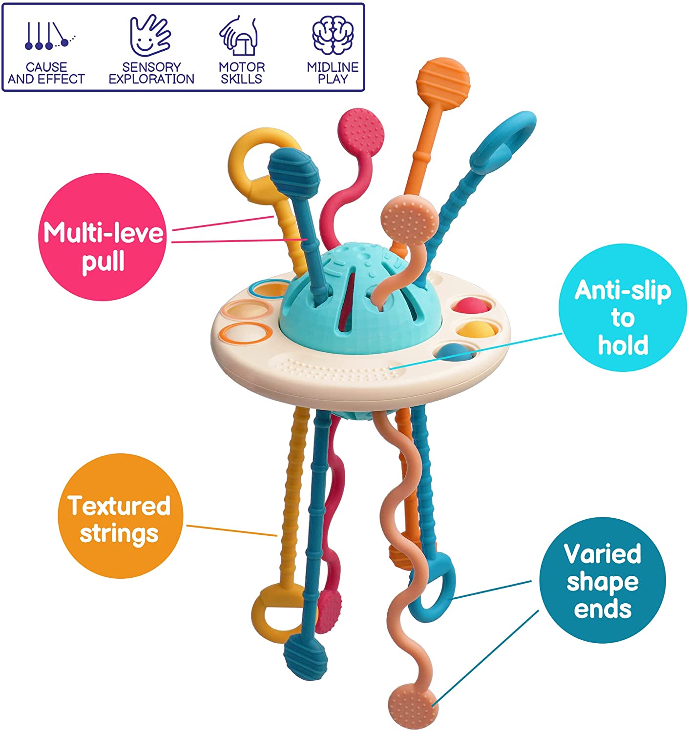 Montessori Sensory Toys for 1 Year Old, UFO Food Grade Silicone Pull String Baby Toys for 6-12 Months, Toddler Learning Activity Toys for Christmas Birthday Gift