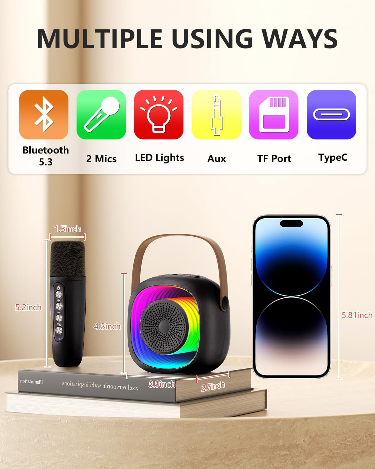 Mini Karaoke Machine for Kids, Portable Bluetooth Speaker with 2 Wireless Microphones, Singing Machine Karaoke Toys for Girls Christmas Birthday Gifts, Black