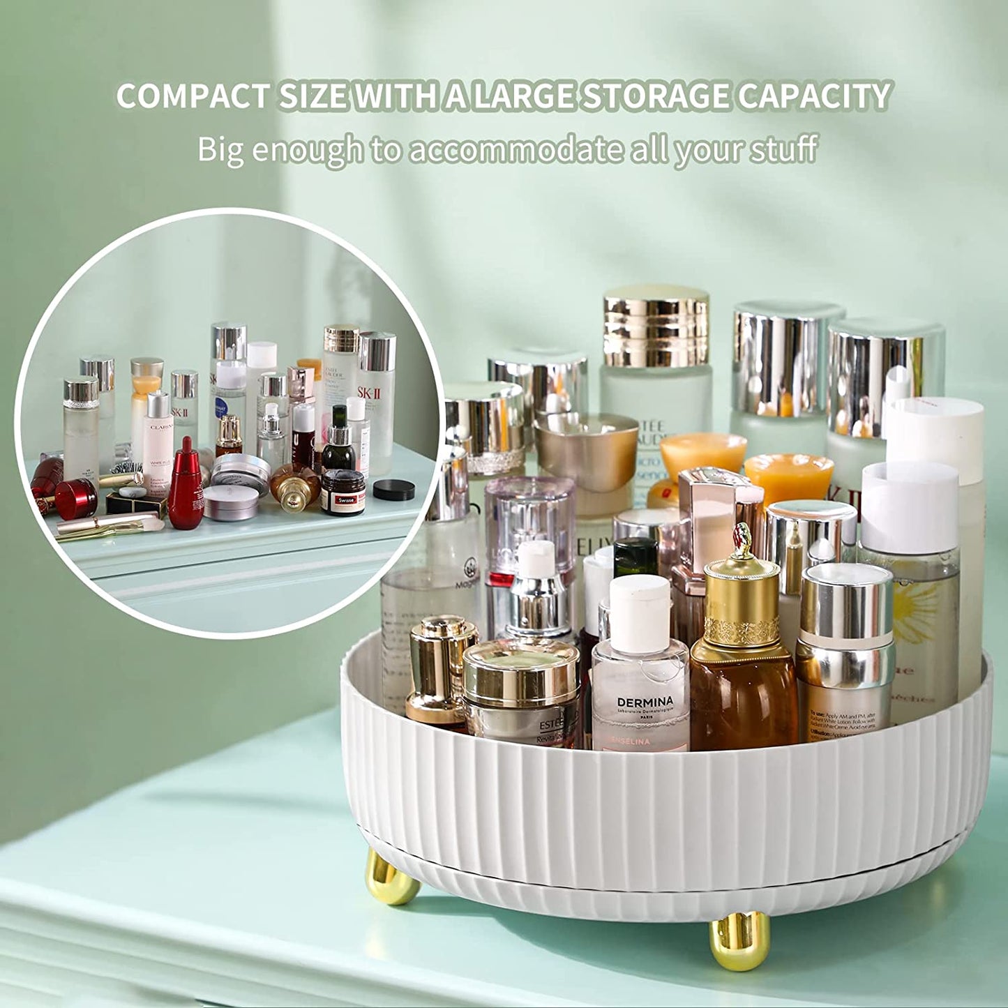 360° Rotating Makeup Organizer - Large White Cosmetic Storage with Perfume Tray for Dresser & Bathroom | Spacious Vanity Organizer for Jewelry & Skincare Essentials