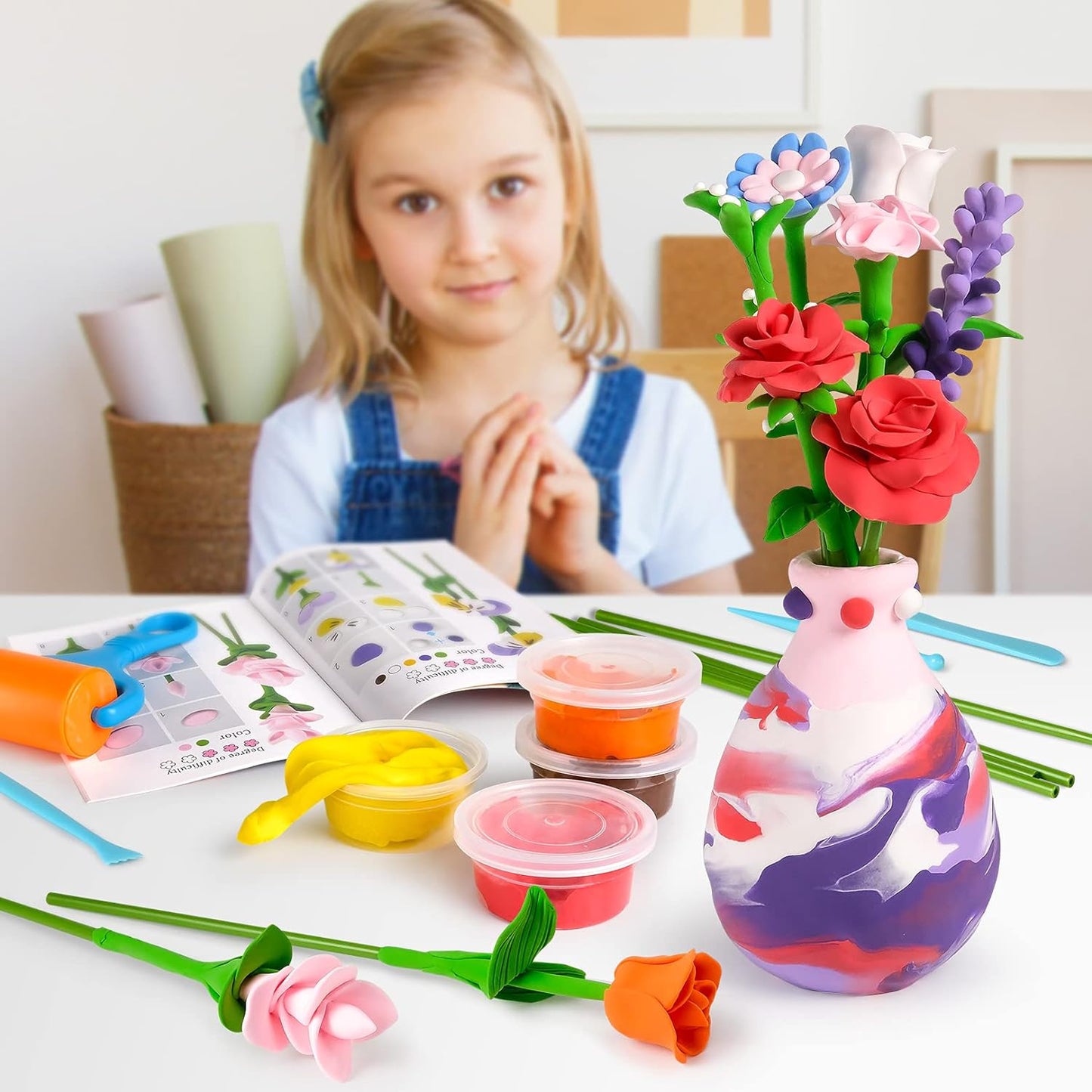 Kids Flower Craft Kit - Make Your Own Flower Bouquet with Air Dry Modeling Clay - Soft & Ultra Light Molding Clay - Arts and Crafts Gift for Girls Age 4-12
