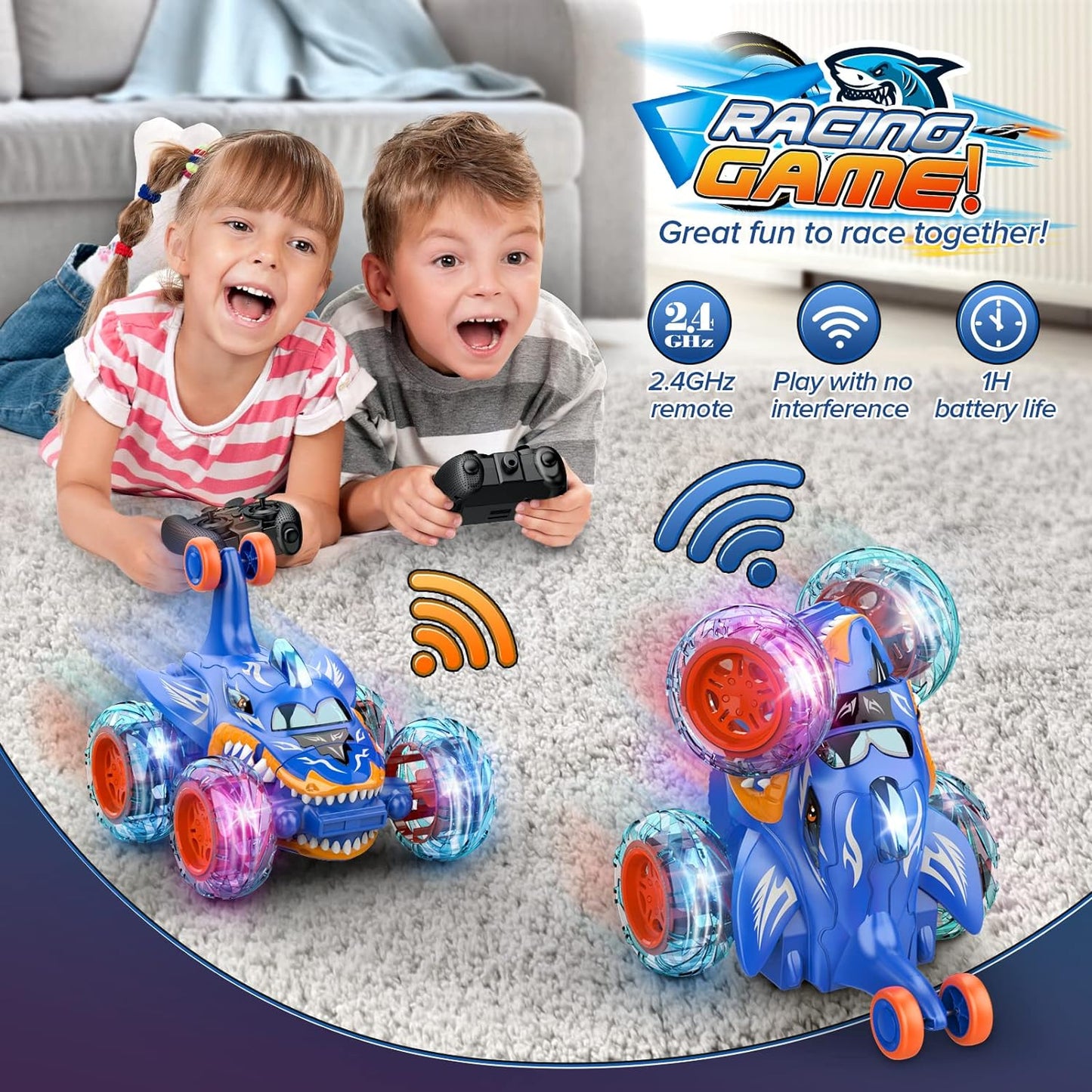 Stunt RC Car, Cool Rechargeable Remote Control Car with 360 Flips 4WD Wheel Lights for Boys Birthday Chritmas Gifts, Shark