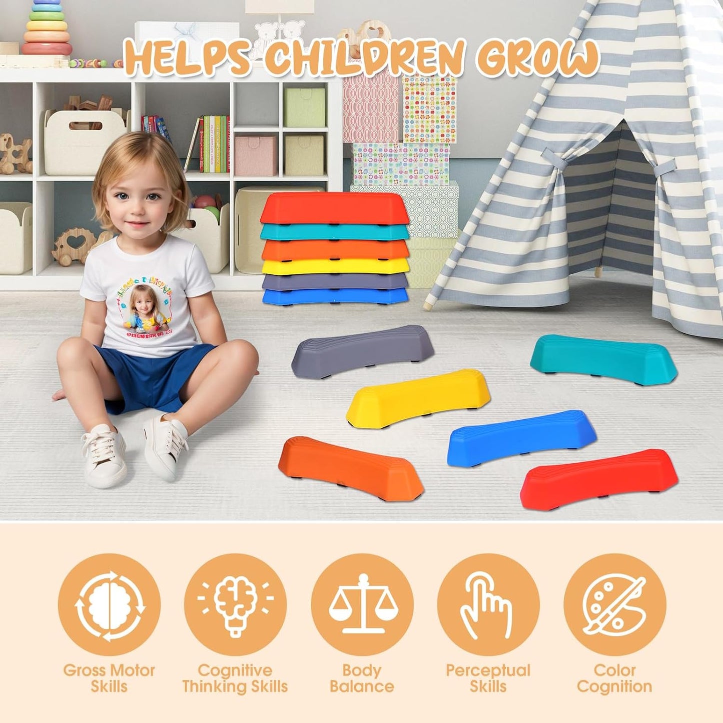 Stepping Stones for Kids,12Pcs Non-Slip Plastic Balance Beam for Promoting Toddler's Coordination Skills,Indoor or Outdoor Obstacle Course Game Sensory Play Toys Ages 3-8 Years and up