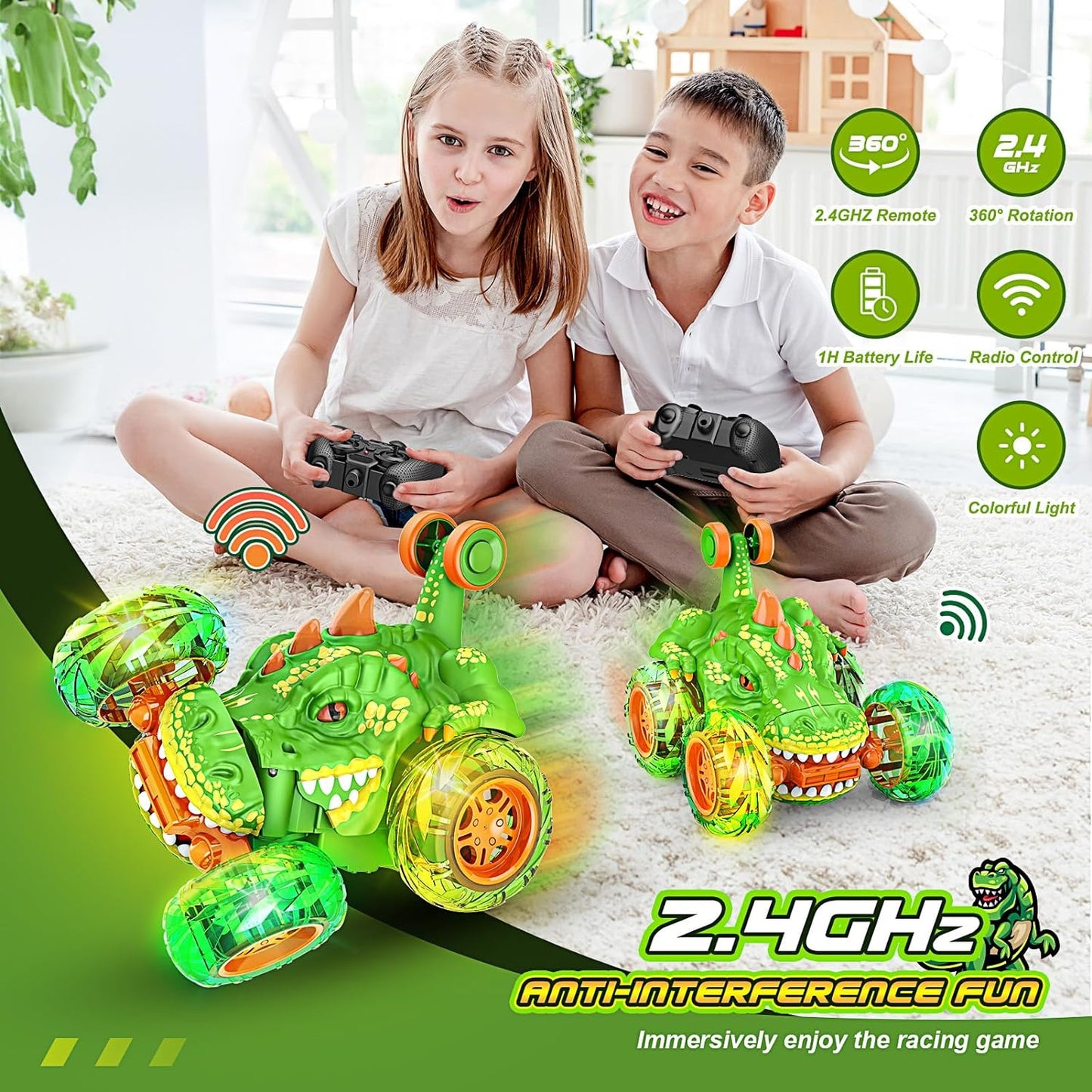 Dinosaur Stunt RC Car, Cool Rechargeable Remote Control Car with 360 Flips 4WD Wheel Lights for Boys Birthday Chritmas Gifts