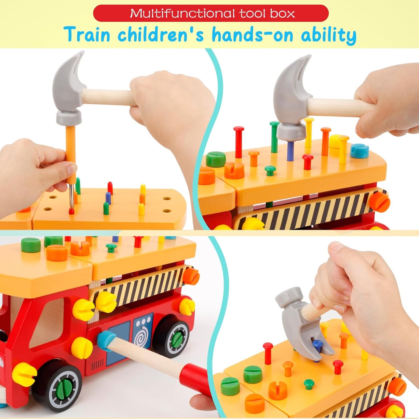 Kids Tool Set for Boys, Wooden Toddler Tool Bench Montessori Toys for 2+Year Old, 62 Pcs Construction Educational Pretend Play for Age 2-5 Birthday Gift
