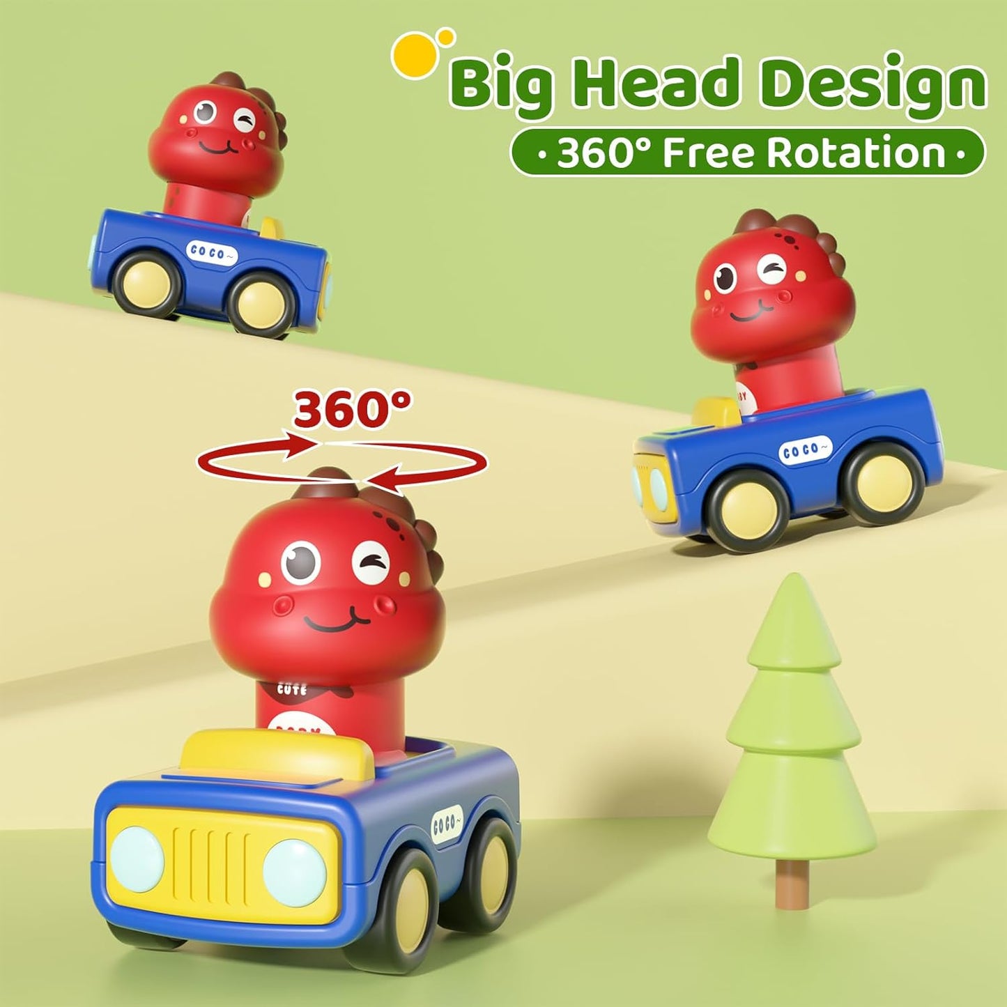 Press Go Dinosaur Car Toys for Toddlers 1-3, Push-Go Friction Powered Infant Toys, Birthday Easter Gift for Boys 6-18 Months, ABS, 4 Count