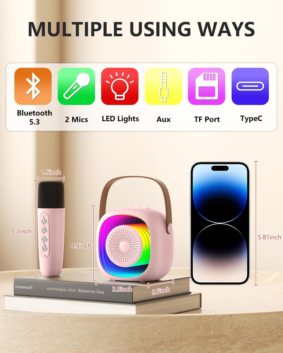 Mini Karaoke Machine for Kids, Portable Bluetooth Speaker with 2 Wireless Microphones, Singing Machine Karaoke Toys for Girls Christmas Birthday Gifts, Pink