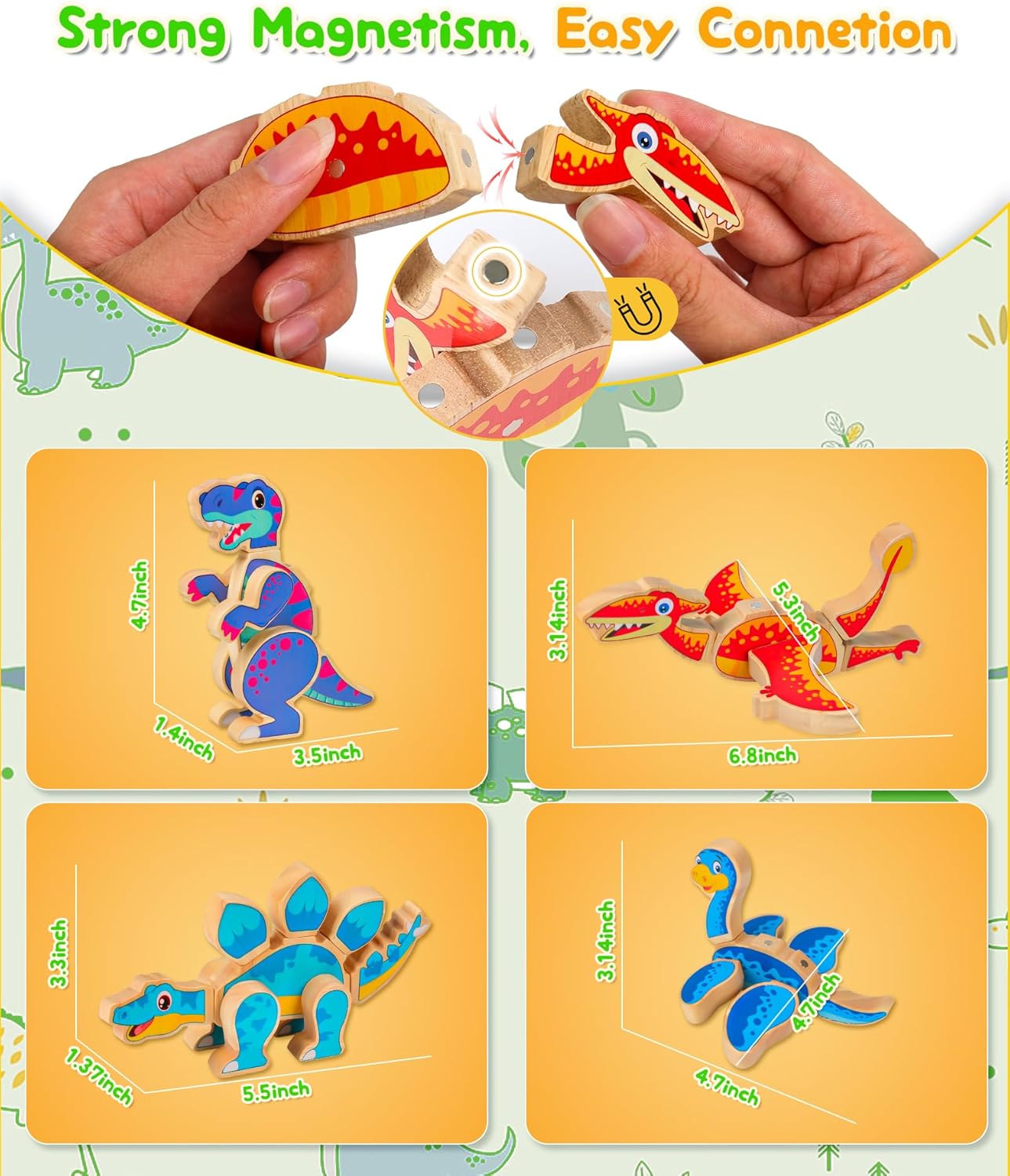 Toddler Dinosaur Magnetic Building Toys, Wooden Take Apart Dinosaur Playset, STEM Montessori Educational Fine Motor Skill Toy Gift for 3 4 5 Years Old Kids