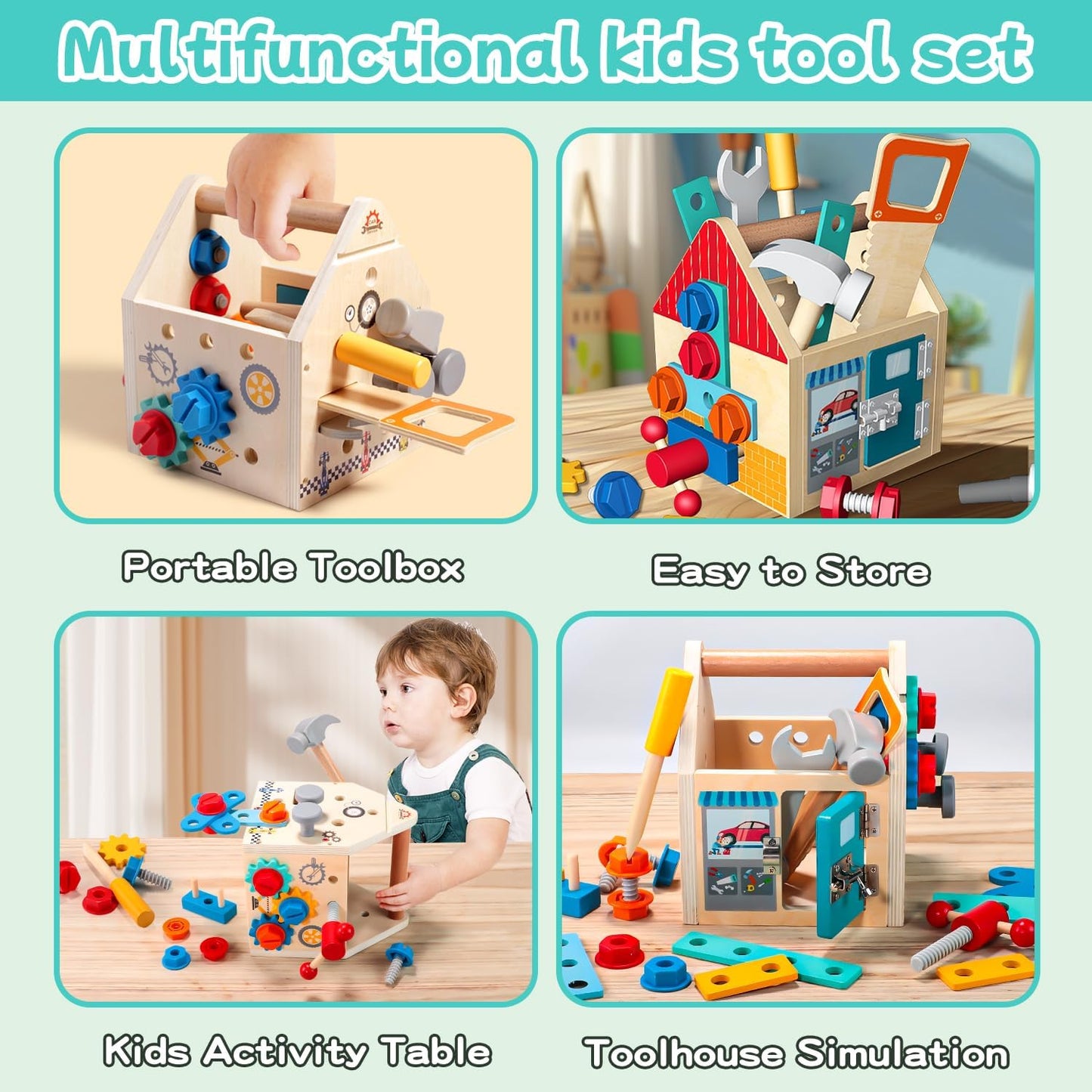 Kids Tool Set, 33 Pcs Wooden Toddler Tools with Box / Bench / Tool House for 2 Year Old Boy, Montessori Educational Pretend Play Construction Toys for Age 2-5 Birthday Gift