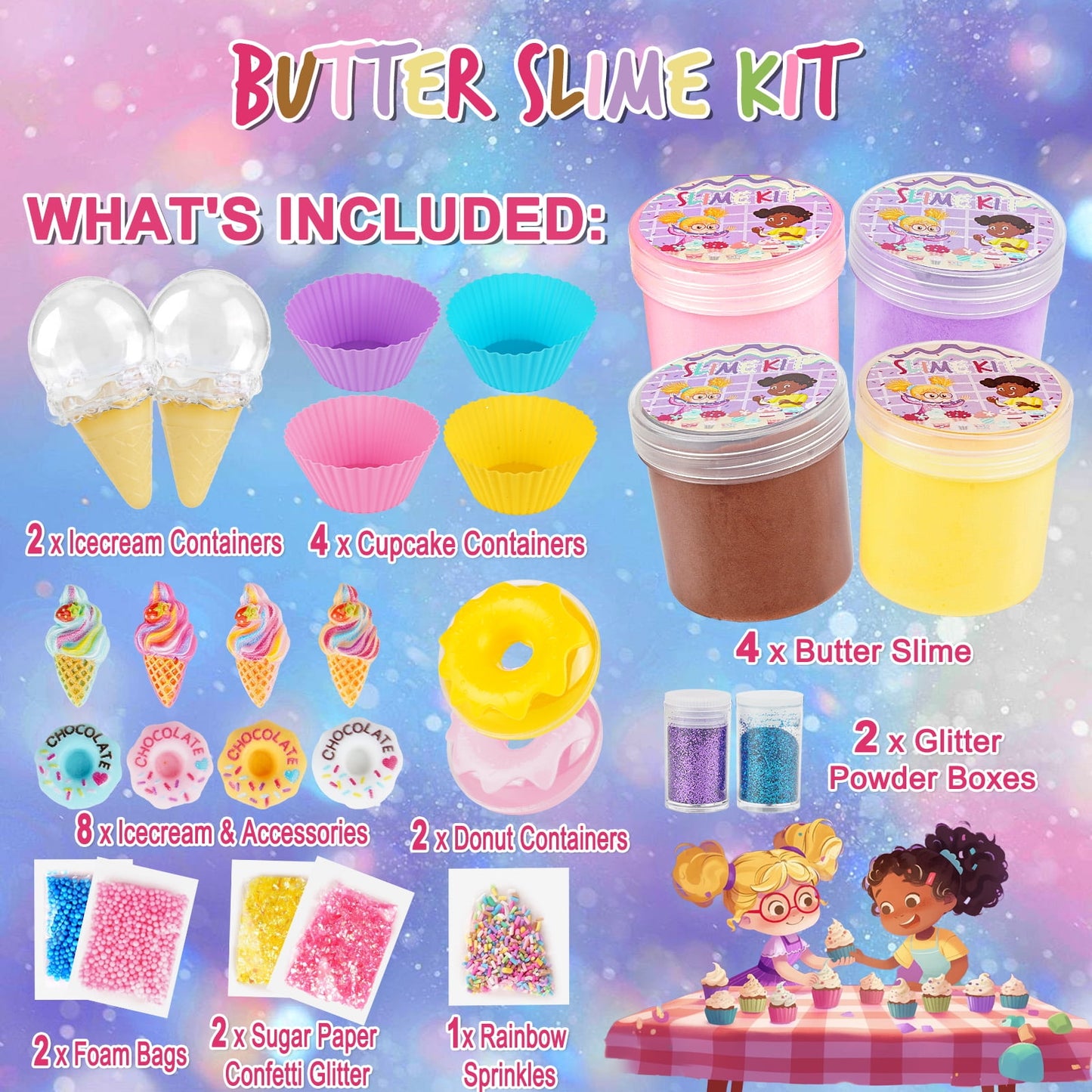 Butter Slime Kit for Girls, Fluffy & Scented DIY Slime Kit with Ice Cream, Donut, Cupcake Accessories, Colorful & Vibrant Slime Making Set Toys for Kids Ages 6-12, Idea Christmas Gift
