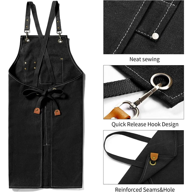 Chef Apron for Men and Women with Large Pockets , Canvas Cross Back Cotton Work Aprons,Size M to XXL, Black