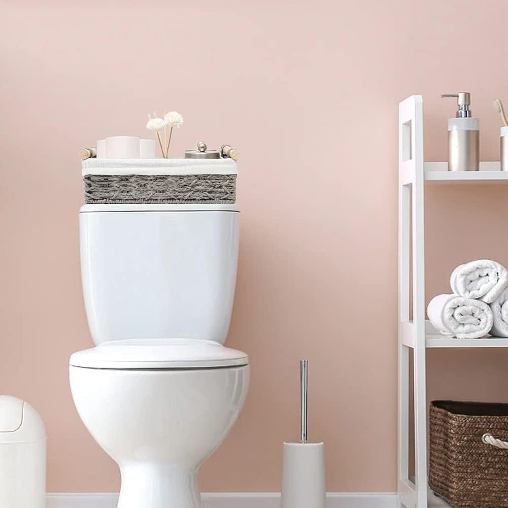 Round Paper Rope Storage Basket, Wicker Baskets for Organizing with Wooden Handles, Decorative Basket for Countertop, Bathroom Toilet Tank Basket, Small Baskets Set (Set of 2,Gray)