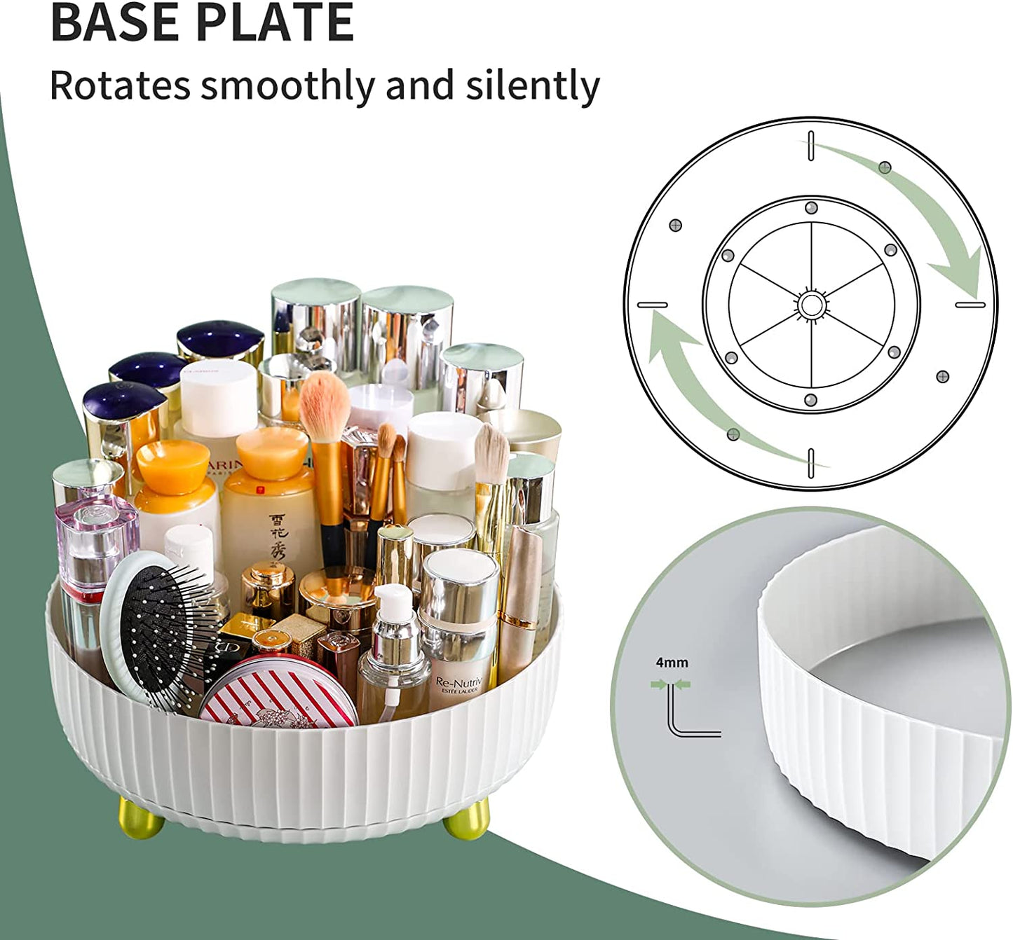 360° Rotating Makeup Organizer - Large White Cosmetic Storage with Perfume Tray for Dresser & Bathroom | Spacious Vanity Organizer for Jewelry & Skincare Essentials