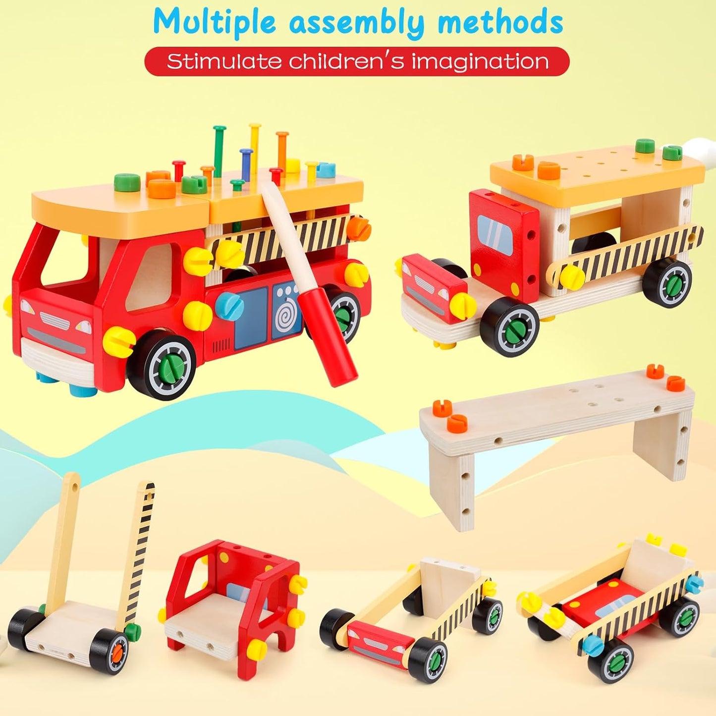Kids Tool Set for Boys, Wooden Toddler Tool Bench Montessori Toys for 2+Year Old, 62 Pcs Construction Educational Pretend Play for Age 2-5 Birthday Gift
