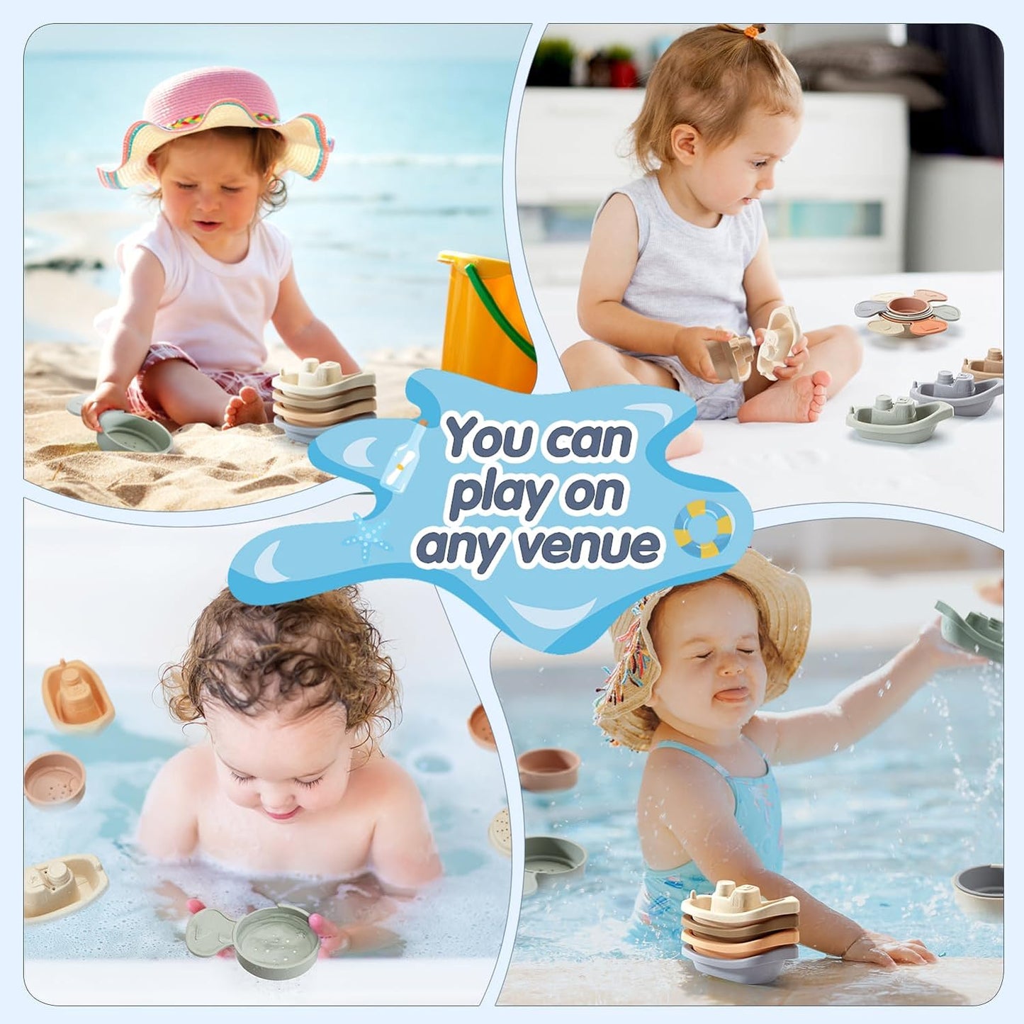 Bath Toys, Floating Boats Train with Bathing Spoon, 11 Pcs Baby Bathtub Toys for Toddler 1-3/Infants 6-12-18 Months,Water Table Toys Mold Free for Tub, Beach, Pool