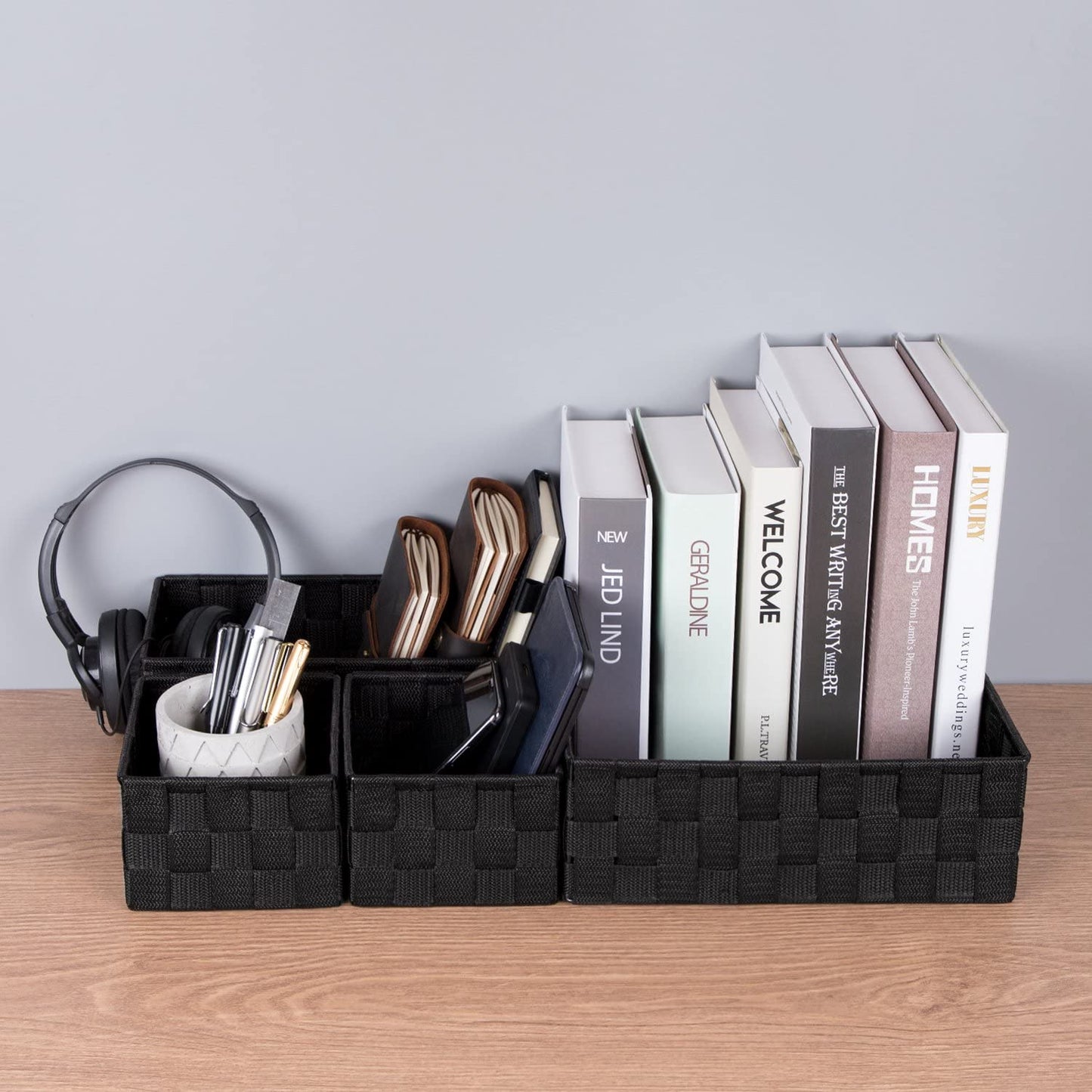 4 Pack Woven Storage Baskets for Organizing, Small Decorative Baskets Cube Bin Tidy for Closet Desktop Bathroom Bedroom, Black