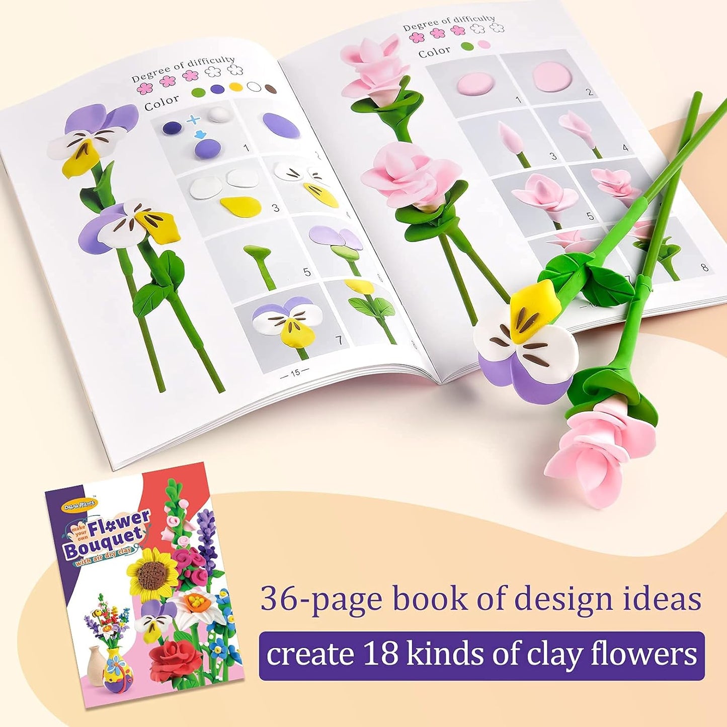 Kids Flower Craft Kit - Make Your Own Flower Bouquet with Air Dry Modeling Clay - Soft & Ultra Light Molding Clay - Arts and Crafts Gift for Girls Age 4-12