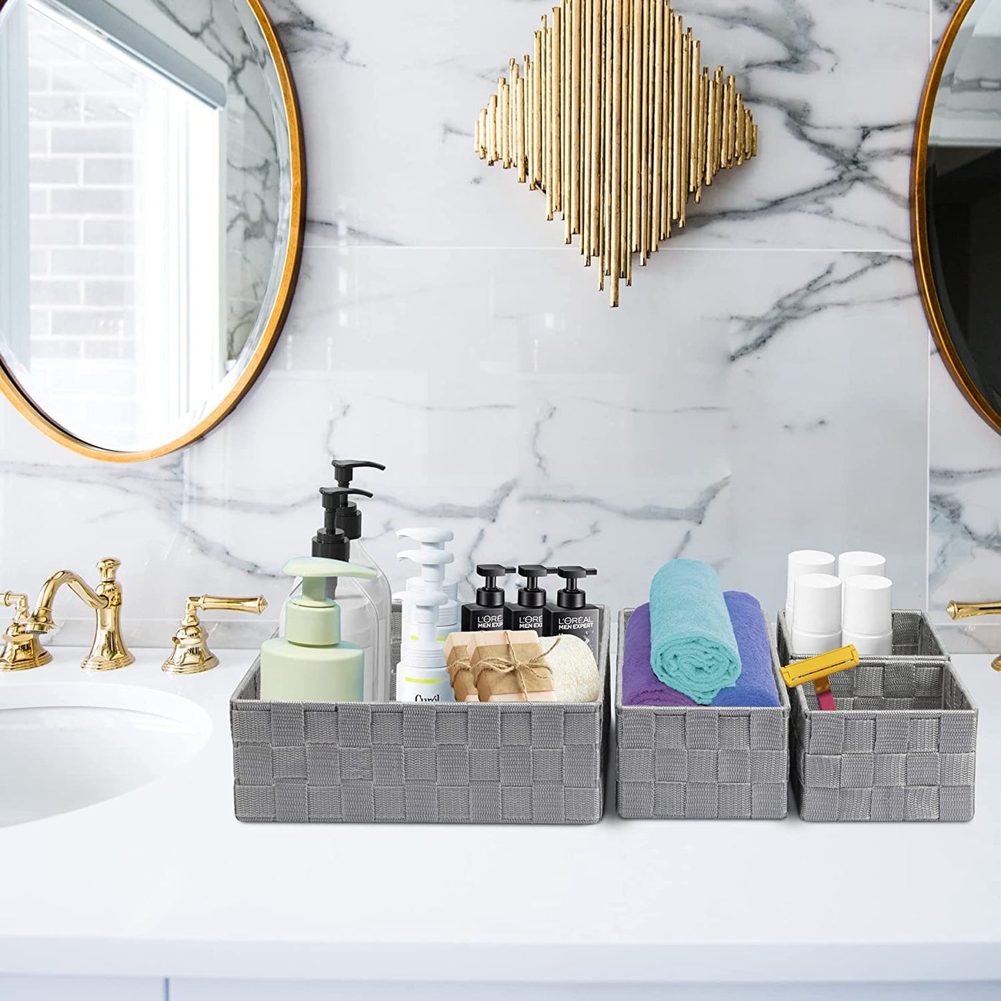 4 Pack Woven Storage Baskets for Organizing, Small Decorative Baskets Cube Bin Tidy for Closet Desktop Bathroom Bedroom, Gray