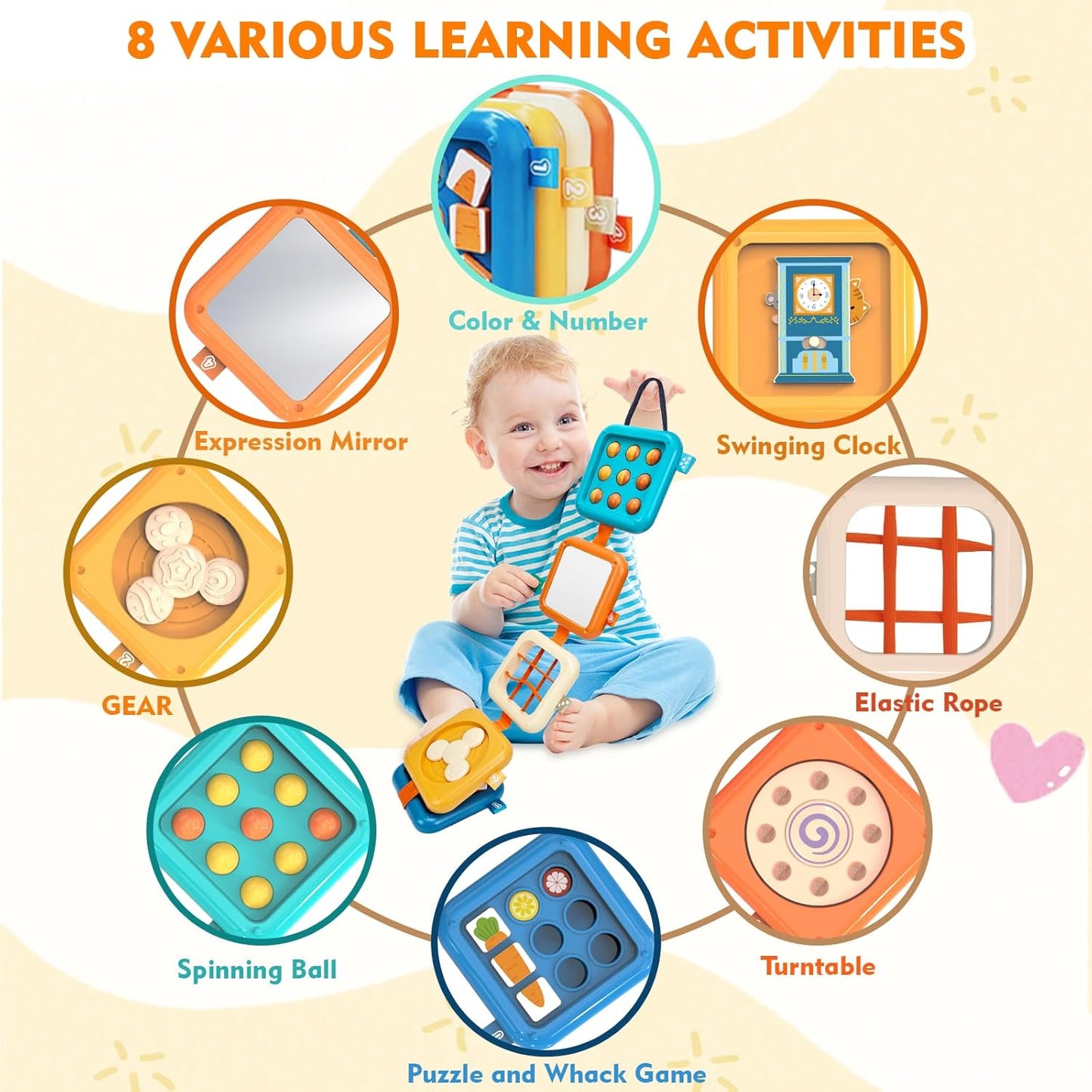 Busy Board for 1 Year Old, Montessori Toys for 1 2 Year Old Boy Girl Birthday Gifts, 8 in1 Travel Sensory Toys for Toddlers 1-3 Fine Motor Learning Baby Toy 12-18 Months, Toddler Stocking Stuffers