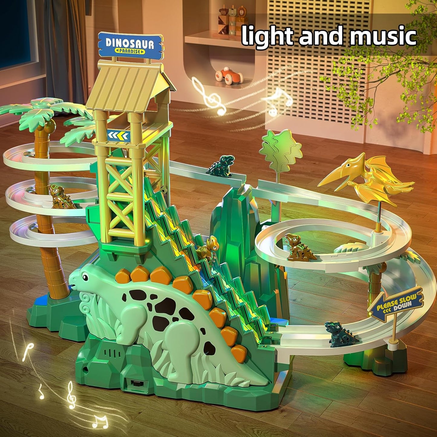 Dinosaur Climbing Slide Stair Toy for Toddlers Boys Aged 3 4 5 6 7 8 - Dinosaur Racing Track Set with Light and Music, Birthday Gifts for Kids Boys 3- 8 years
