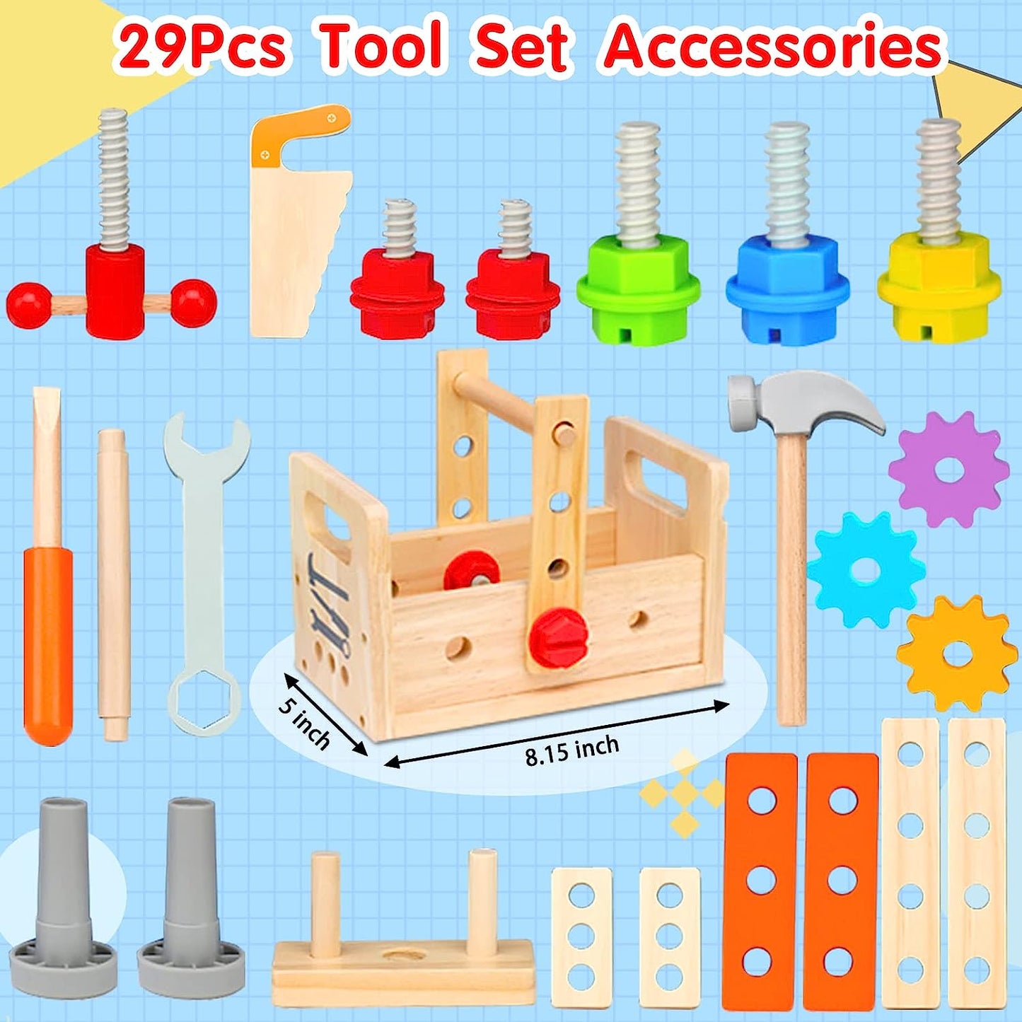 Kids Tool Set for Boys - 29 Pcs Wooden Toddler Tool with Box, Montessori Stem Educational Pretend Play Construction Toy Birthday Gift for Boys Age 2-6