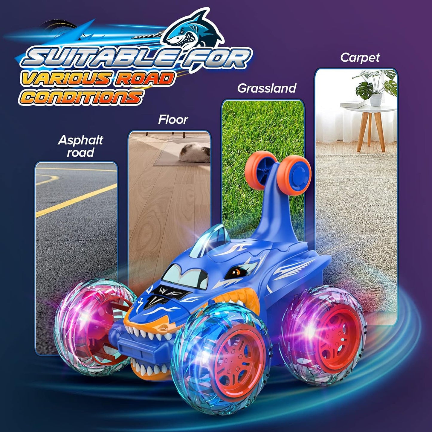 Stunt RC Car, Cool Rechargeable Remote Control Car with 360 Flips 4WD Wheel Lights for Boys Birthday Chritmas Gifts, Shark