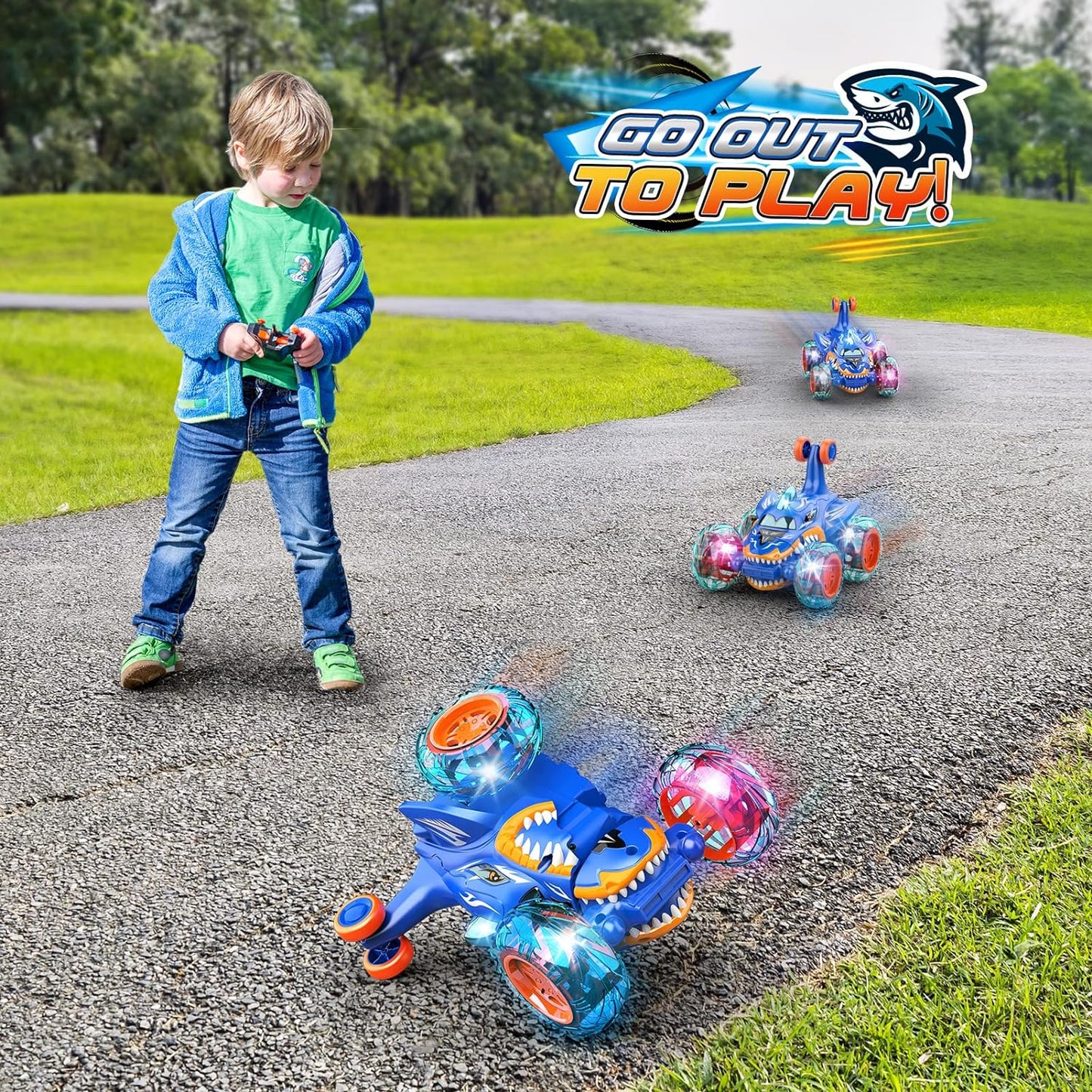 Stunt RC Car, Cool Rechargeable Remote Control Car with 360 Flips 4WD Wheel Lights for Boys Birthday Chritmas Gifts, Shark