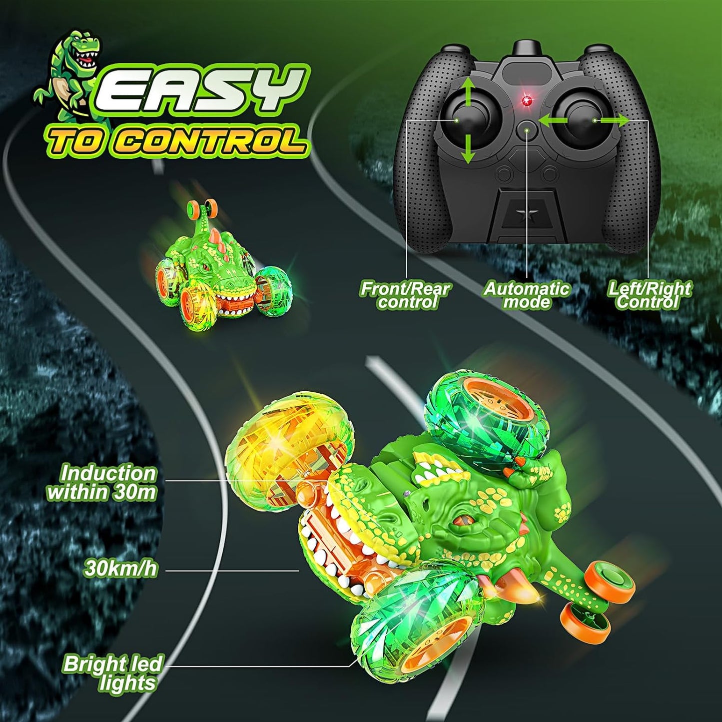Dinosaur Stunt RC Car, Cool Rechargeable Remote Control Car with 360 Flips 4WD Wheel Lights for Boys Birthday Chritmas Gifts