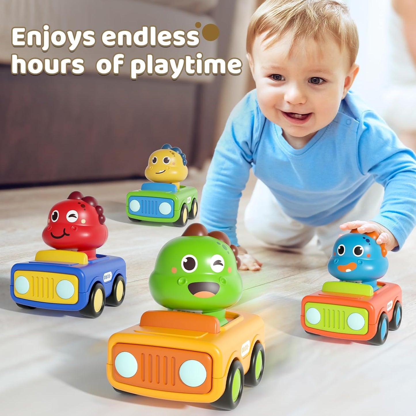 Press Go Dinosaur Car Toys for Toddlers 1-3, Push-Go Friction Powered Infant Toys, Birthday Easter Gift for Boys 6-18 Months, ABS, 4 Count
