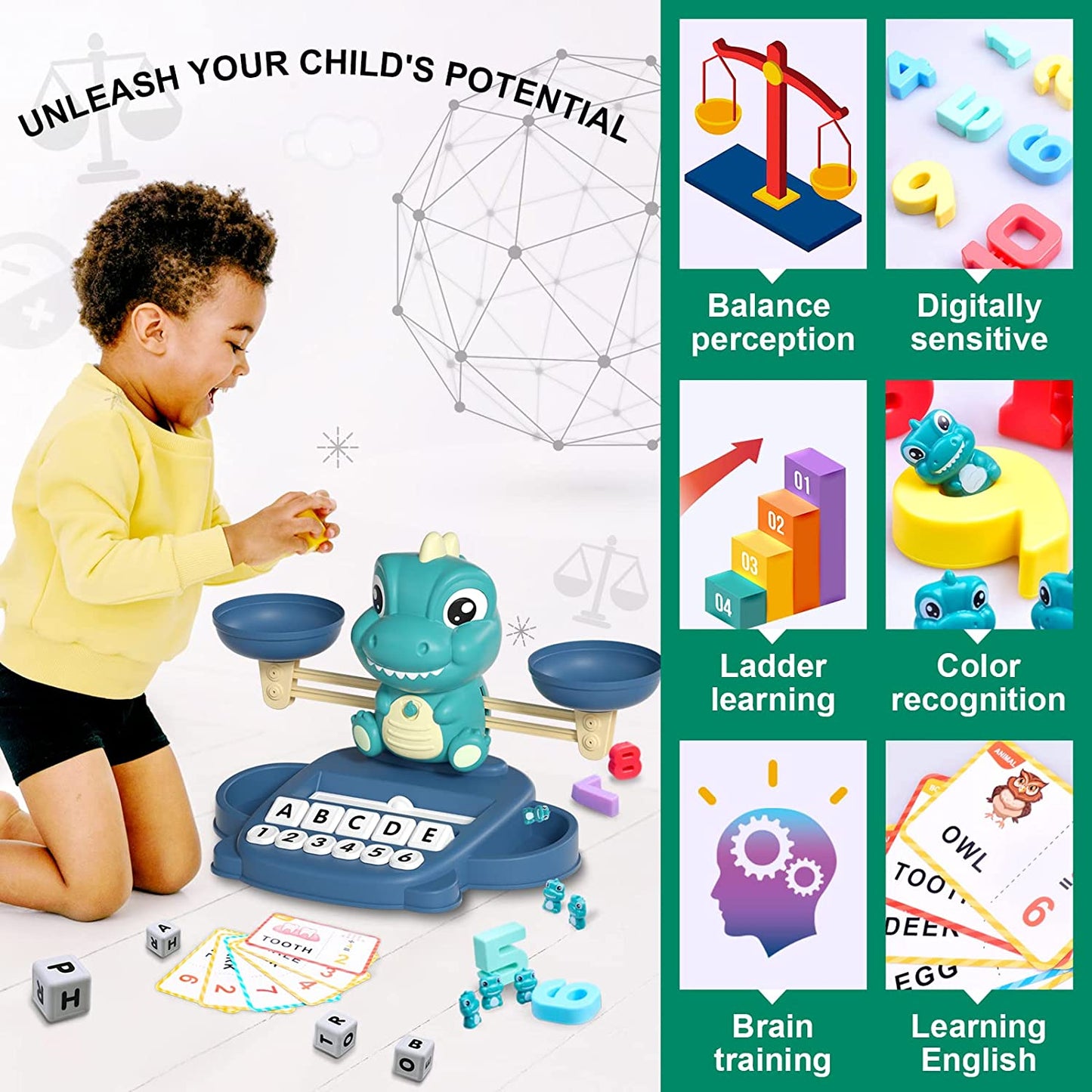 Dinosaur Math & Letter Game - 3-in-1 Learning Toy for Kids Ages 3-5 - Preschool Educational Counting & Matching Gift