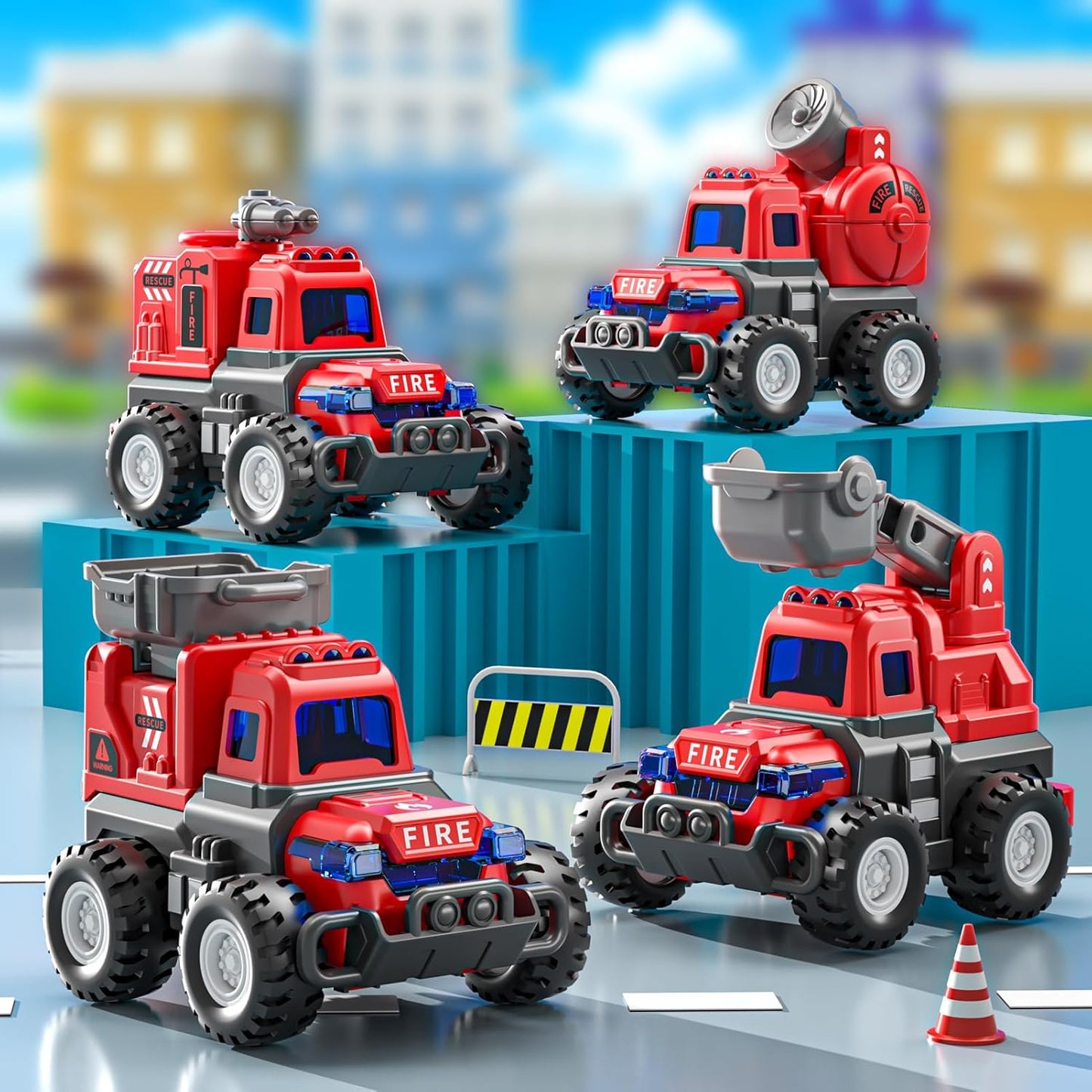Toys for 1 2 3 Year Old Boys, Press Go Fire Truck Sandbox Vehicles Toy,Baby Push Go Friction Powered Car Set, Toddler Birthday Easter Gifts