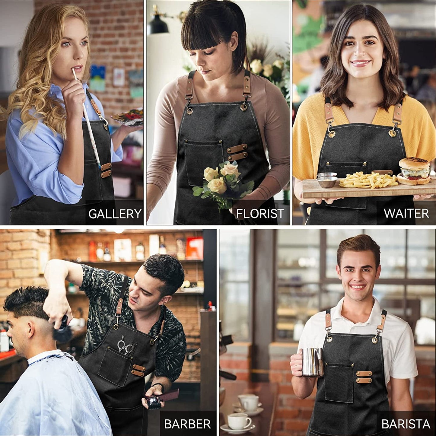 Chef Apron for Men and Women with Large Pockets , Canvas Cross Back Cotton Work Aprons,Size M to XXL, Black