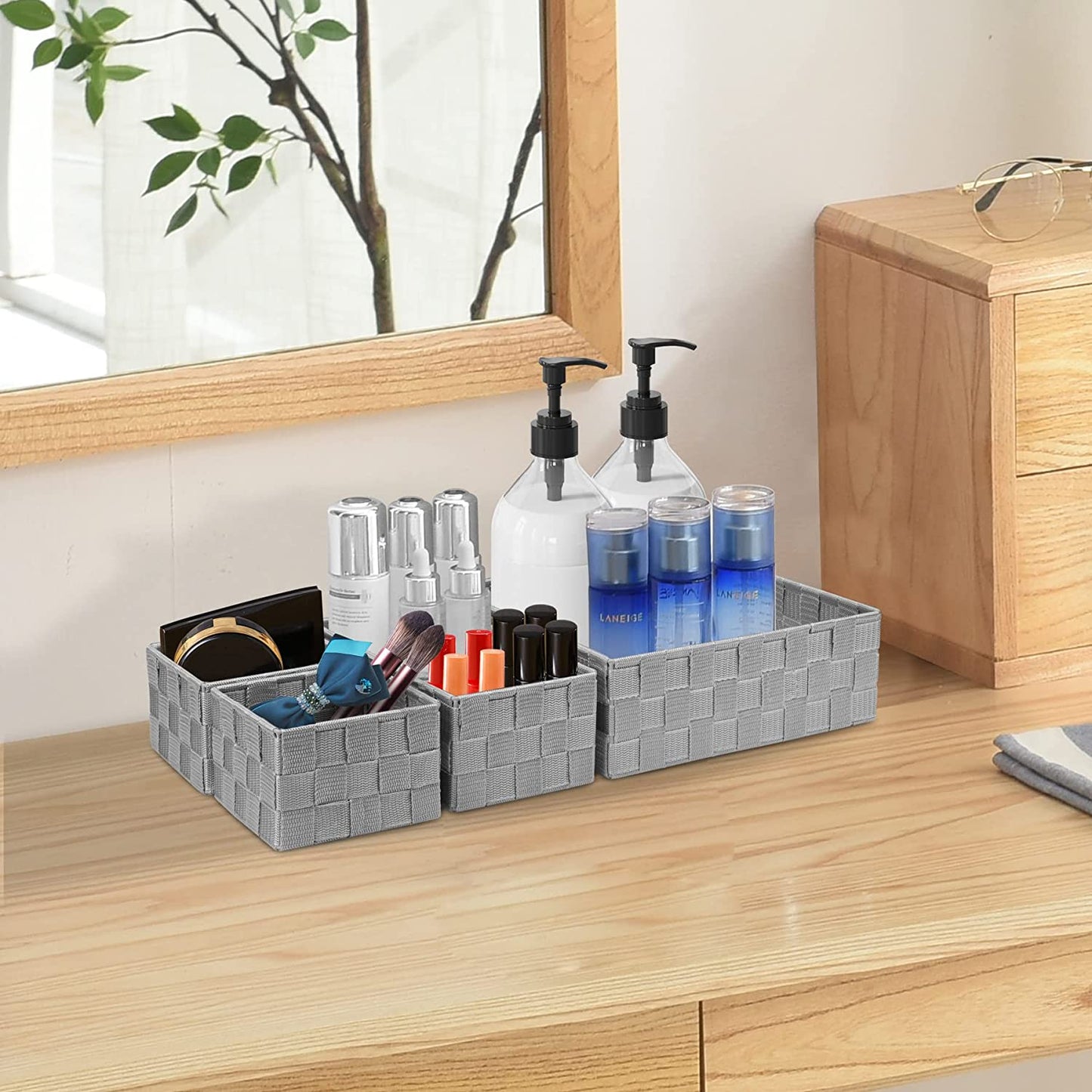 4 Pack Woven Storage Baskets for Organizing, Small Decorative Baskets Cube Bin Tidy for Closet Desktop Bathroom Bedroom, Gray